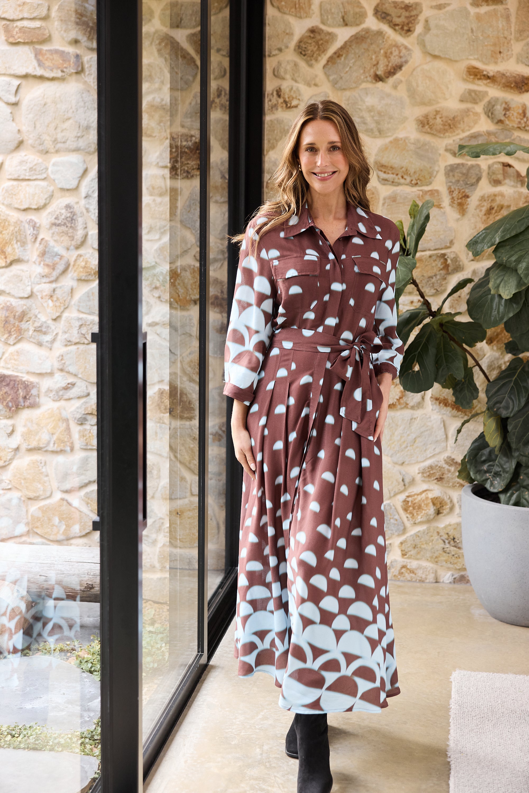 Collection of Brave and True Rossellini 3/4 Sleeve Dress - Blue Brown Geo in a gallery layout