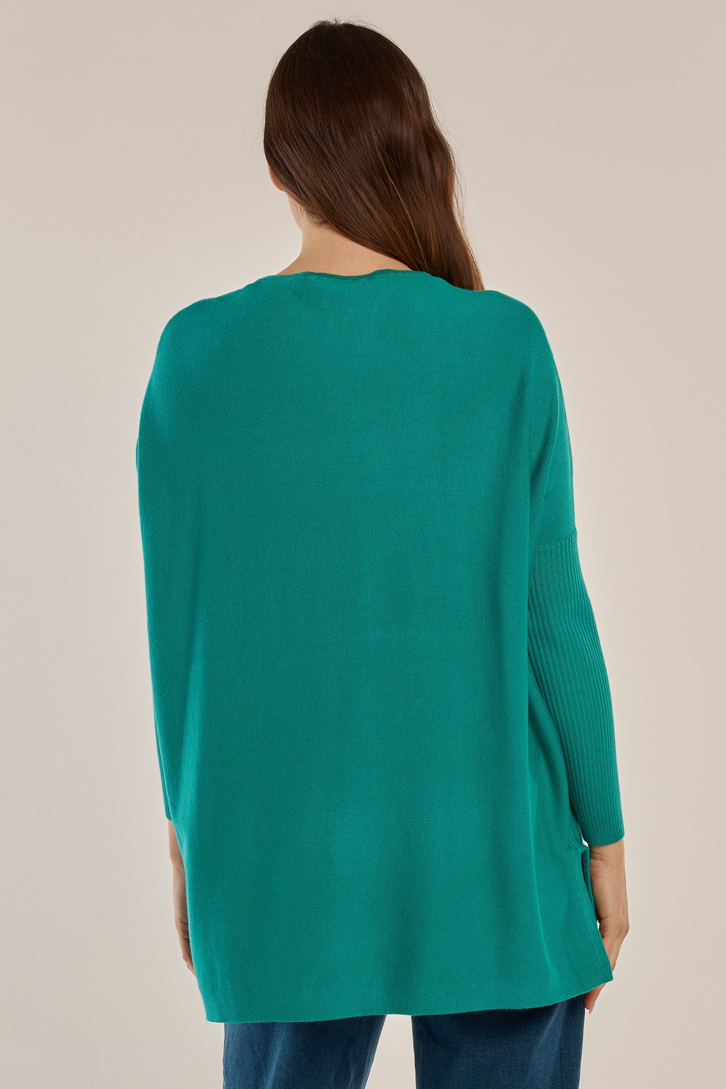 Image of Woman wearing a Betty Basics teal sweater against a beige background