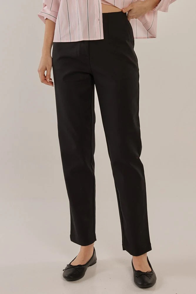 Woman wearing Betty Basics black pants and a light-colored shirt on a plain background