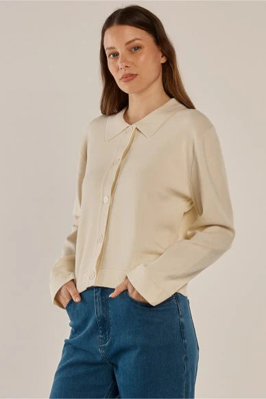 Image of Woman wearing a Betty Basics beige knit and blue jeans against a plain background