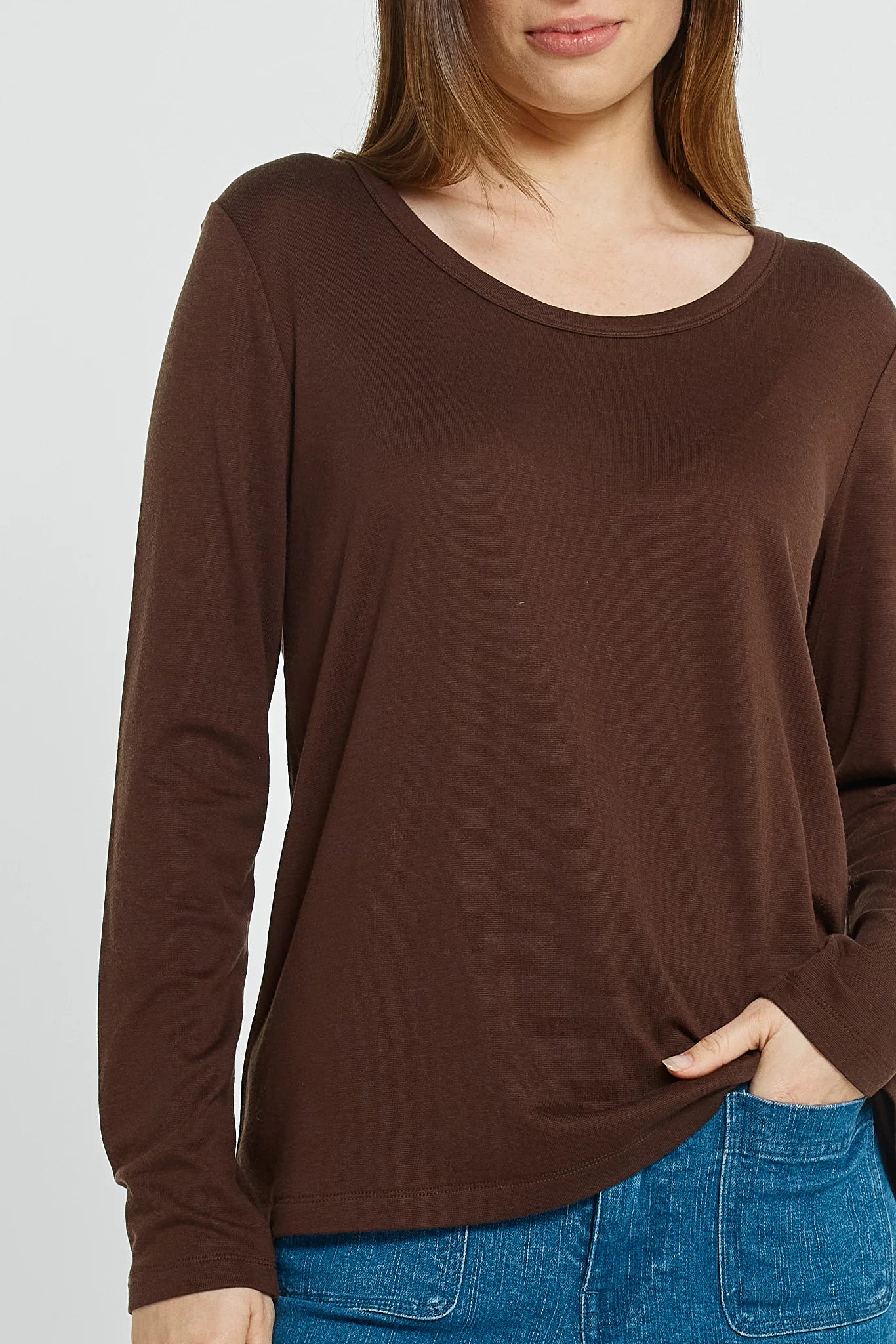 Image of Woman wearing a Betty Basics brown long-sleeve top against a white background