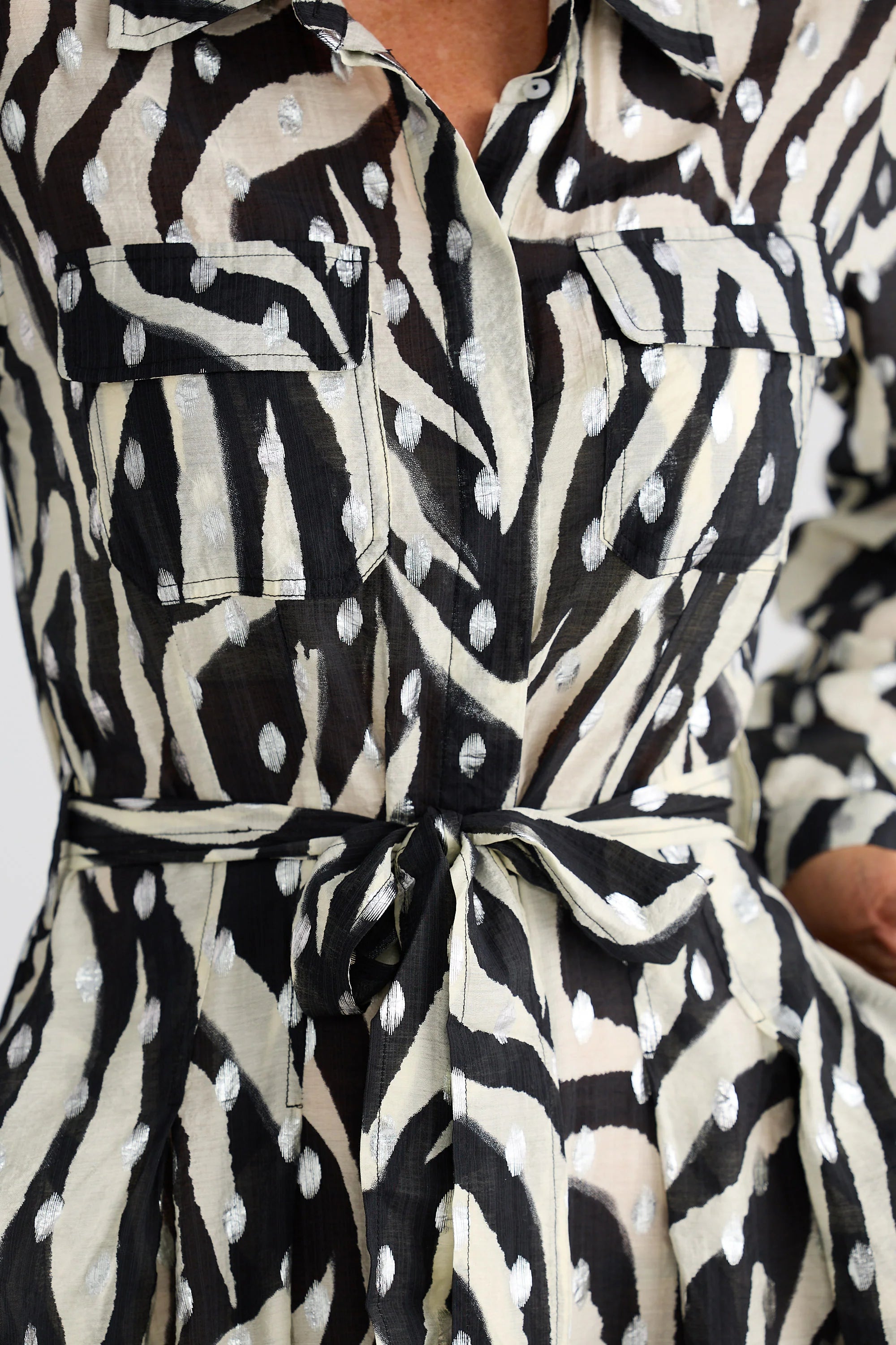 Image of Brave and True Black and white patterned dress with a belt