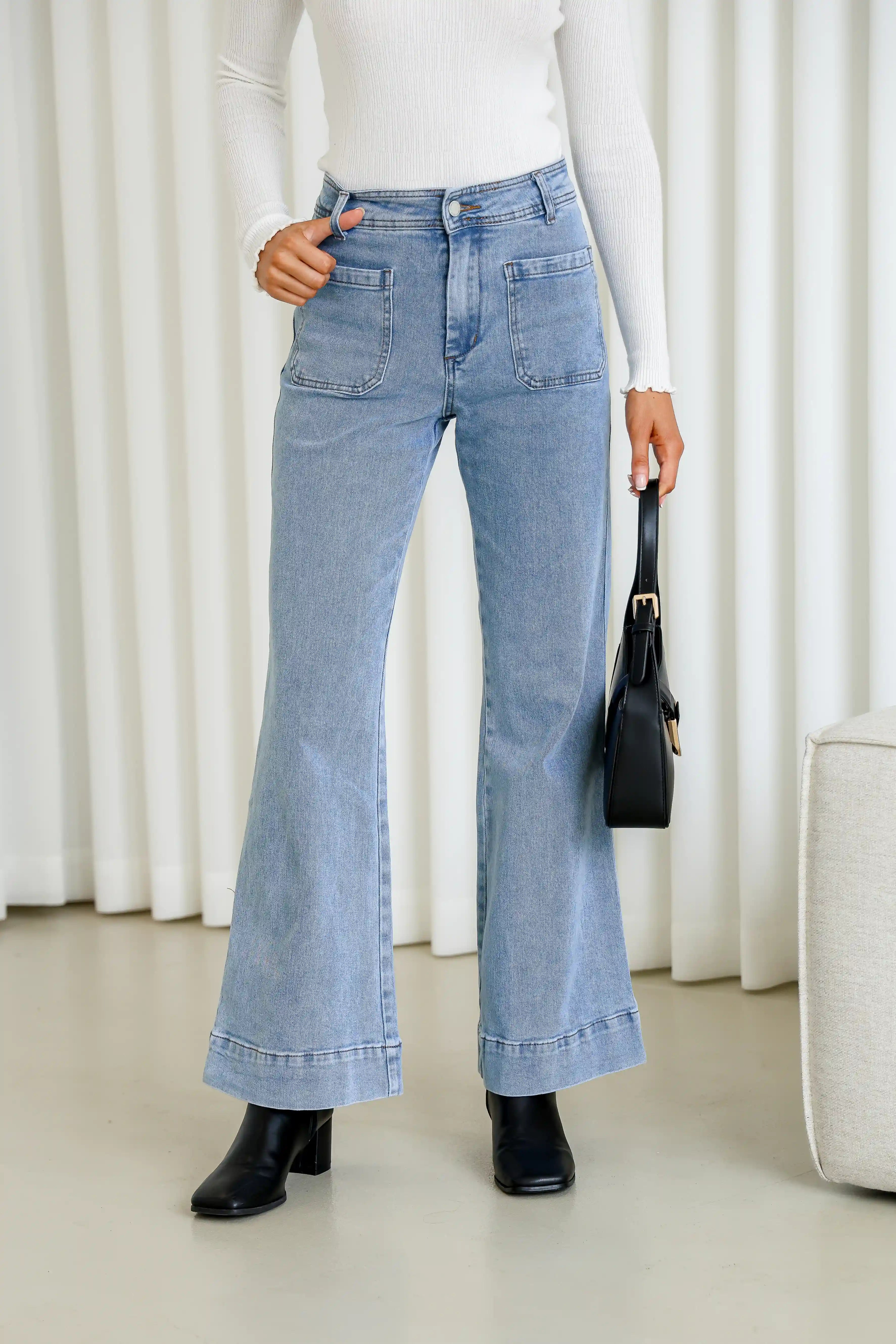 Collection of Country Denim Front Pocket Straight Leg Jean- Light Blue in a gallery layout