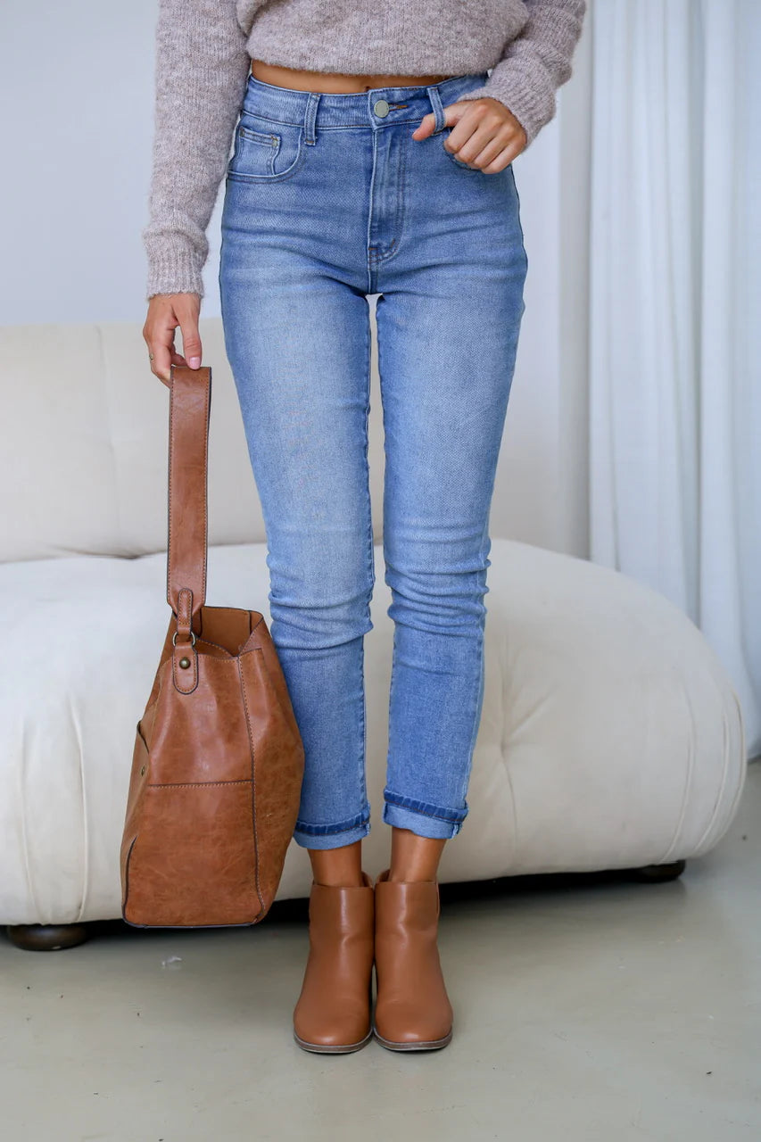 Collection of Country Denim Stretch Straight Leg Mum Jean - Light Blue in a gallery layout