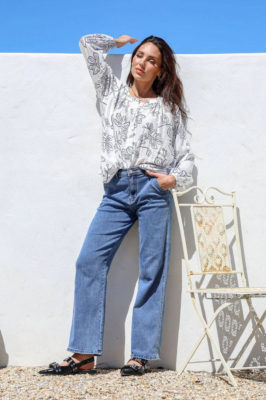 Collection of Country Denim Stretchy Straight Leg Jean - Mid Blue in a gallery layout