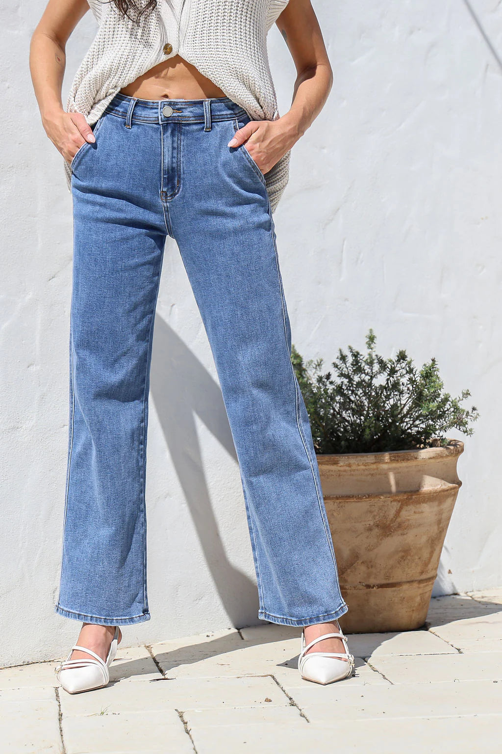 Collection of Country Denim Stretchy Straight Leg Jean - Mid Blue in a gallery layout