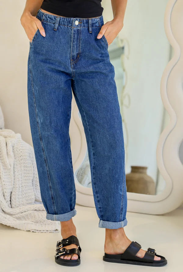 Collection of Country Denim Cuffed Barrel Leg Jean - Mid Blue in a gallery layout