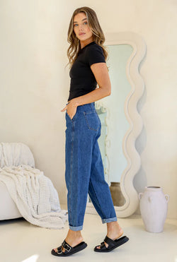 Collection of Country Denim Cuffed Barrel Leg Jean - Mid Blue in a gallery layout