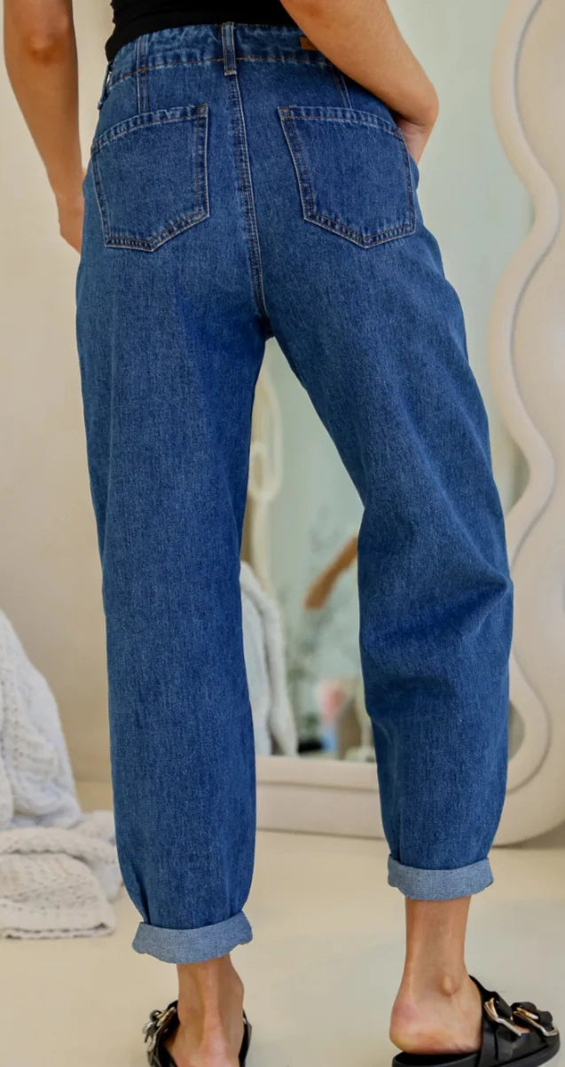 Collection of Country Denim Cuffed Barrel Leg Jean - Mid Blue in a gallery layout