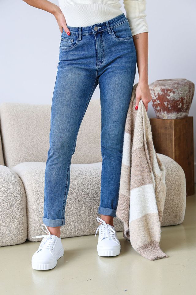 Collection of Country Denim Stretch Mum Jean - Mid Wash Blue in a gallery layout