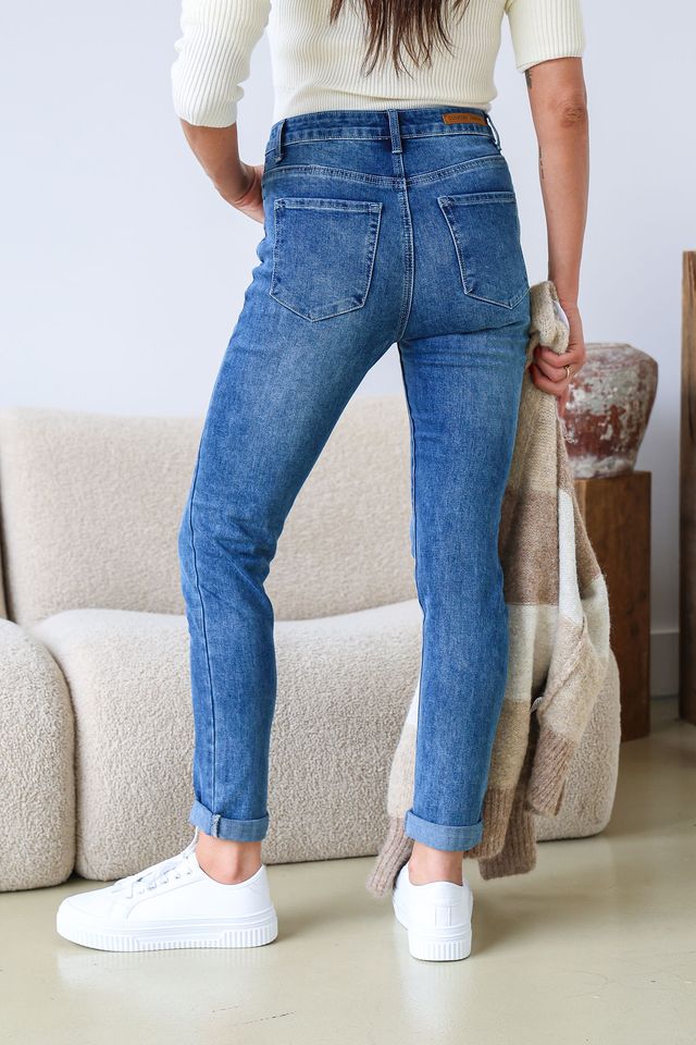 Collection of Country Denim Stretch Mum Jean - Mid Wash Blue in a gallery layout