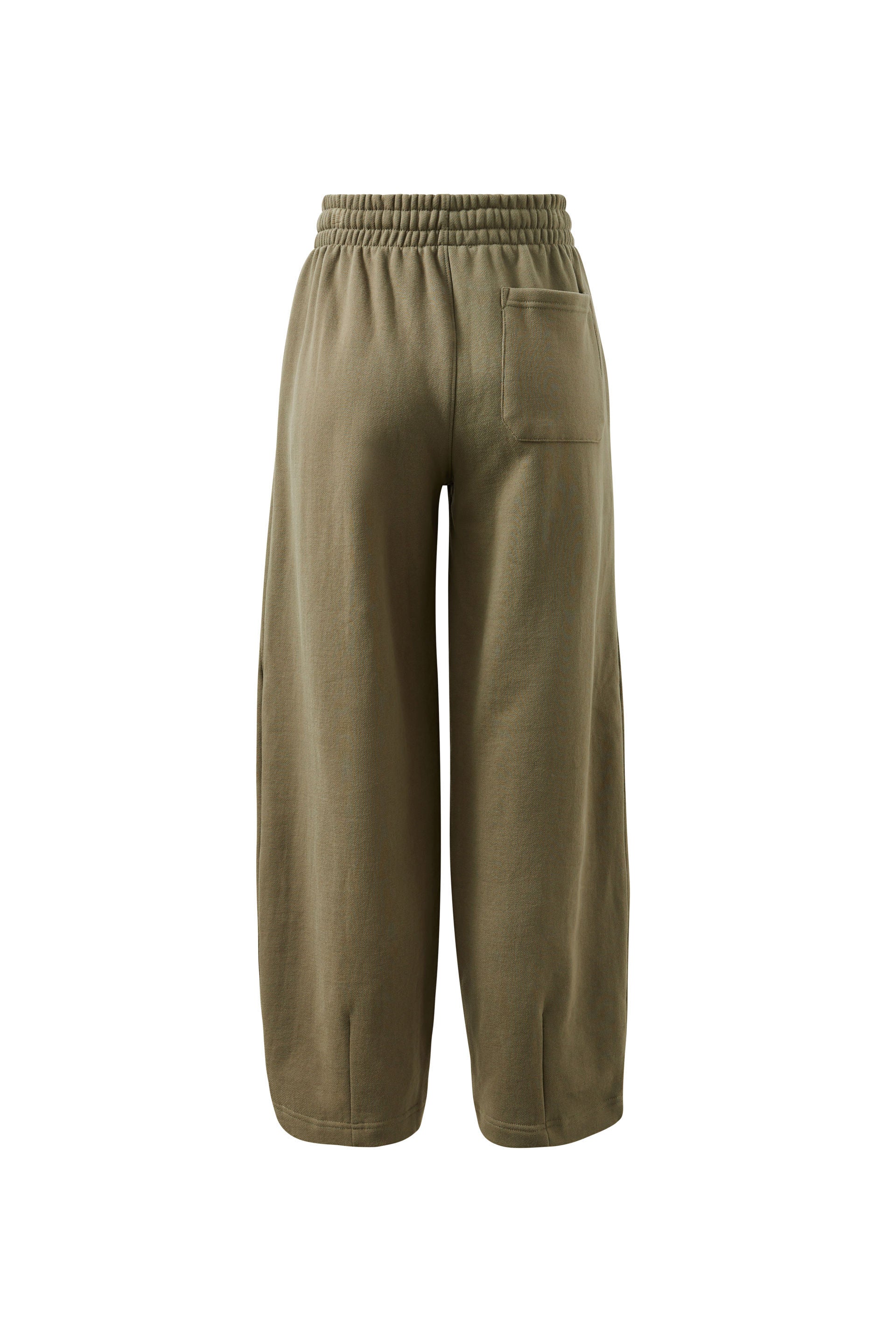 Back of olive green track pants on white background 