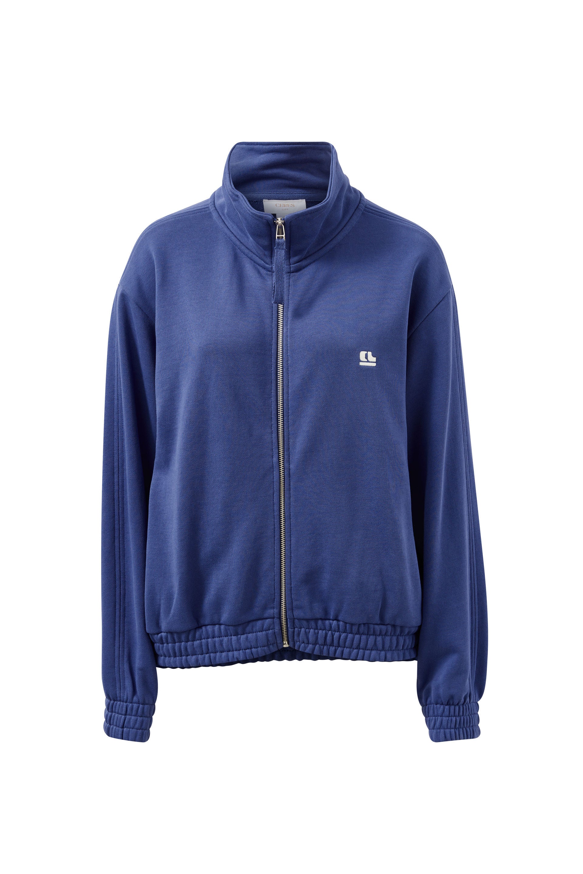 Blue jacket with a brand logo on a white background