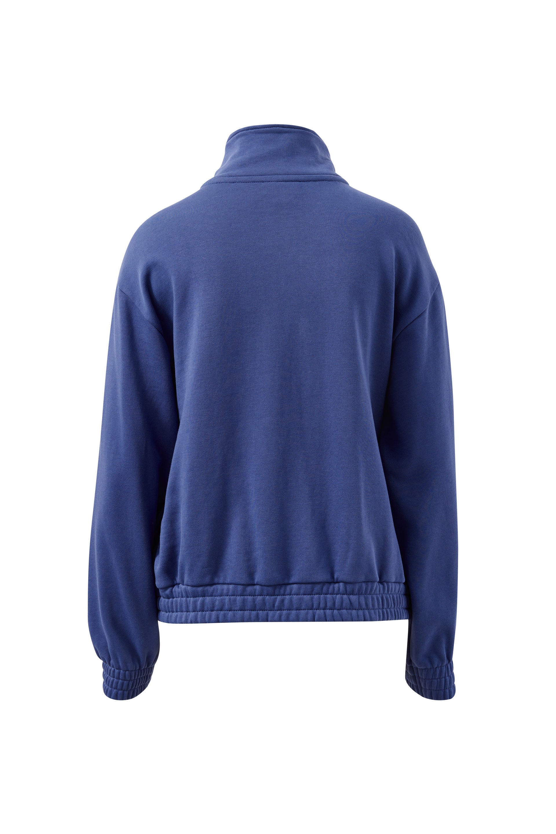 Back of Blue jacket with a brand logo on a white background