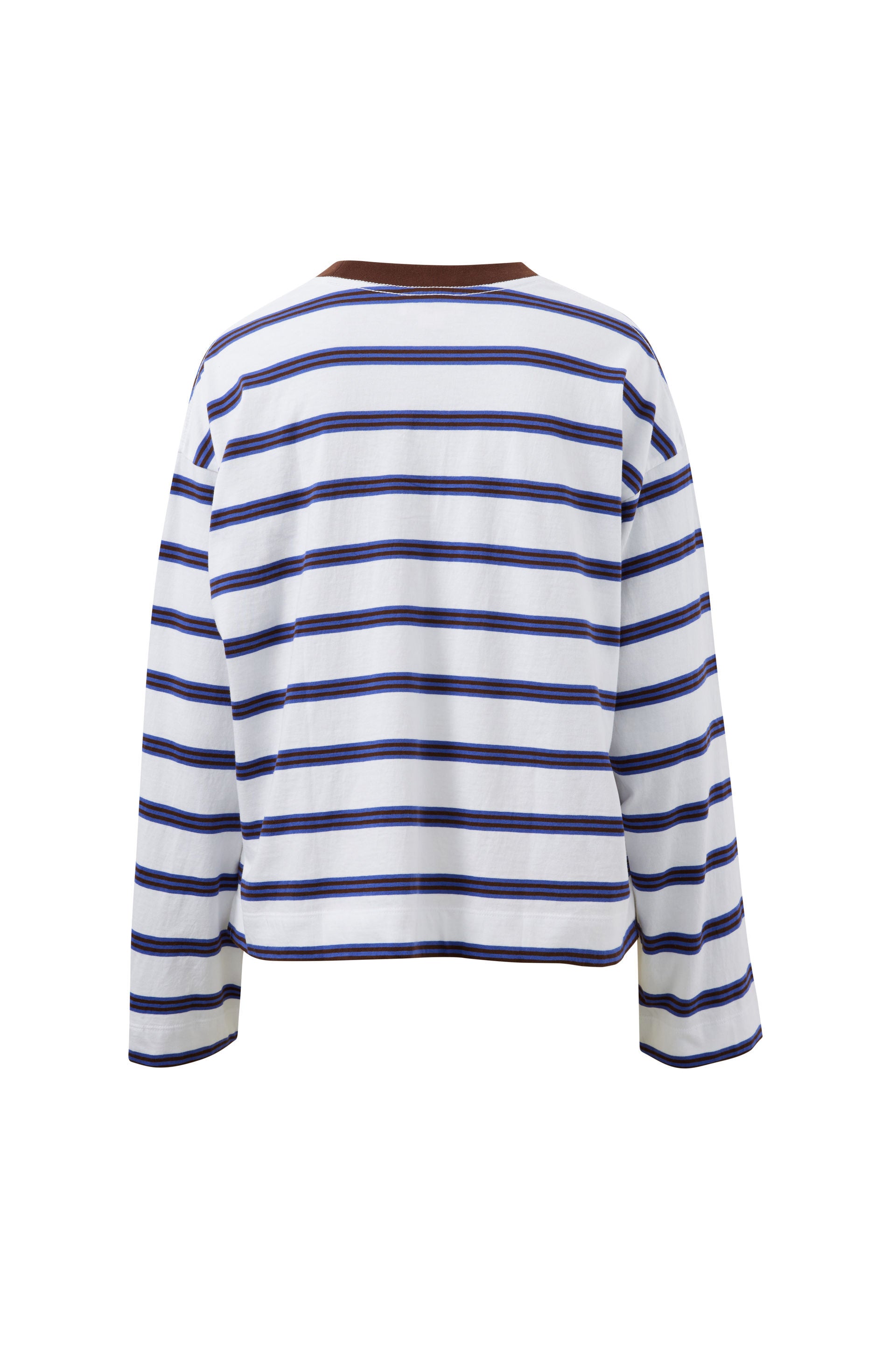 Image of Ceres Life white long-sleeve top with horizontal navy blue stripes and a contrasting brown crew neck, shown from the back on a plain white background.