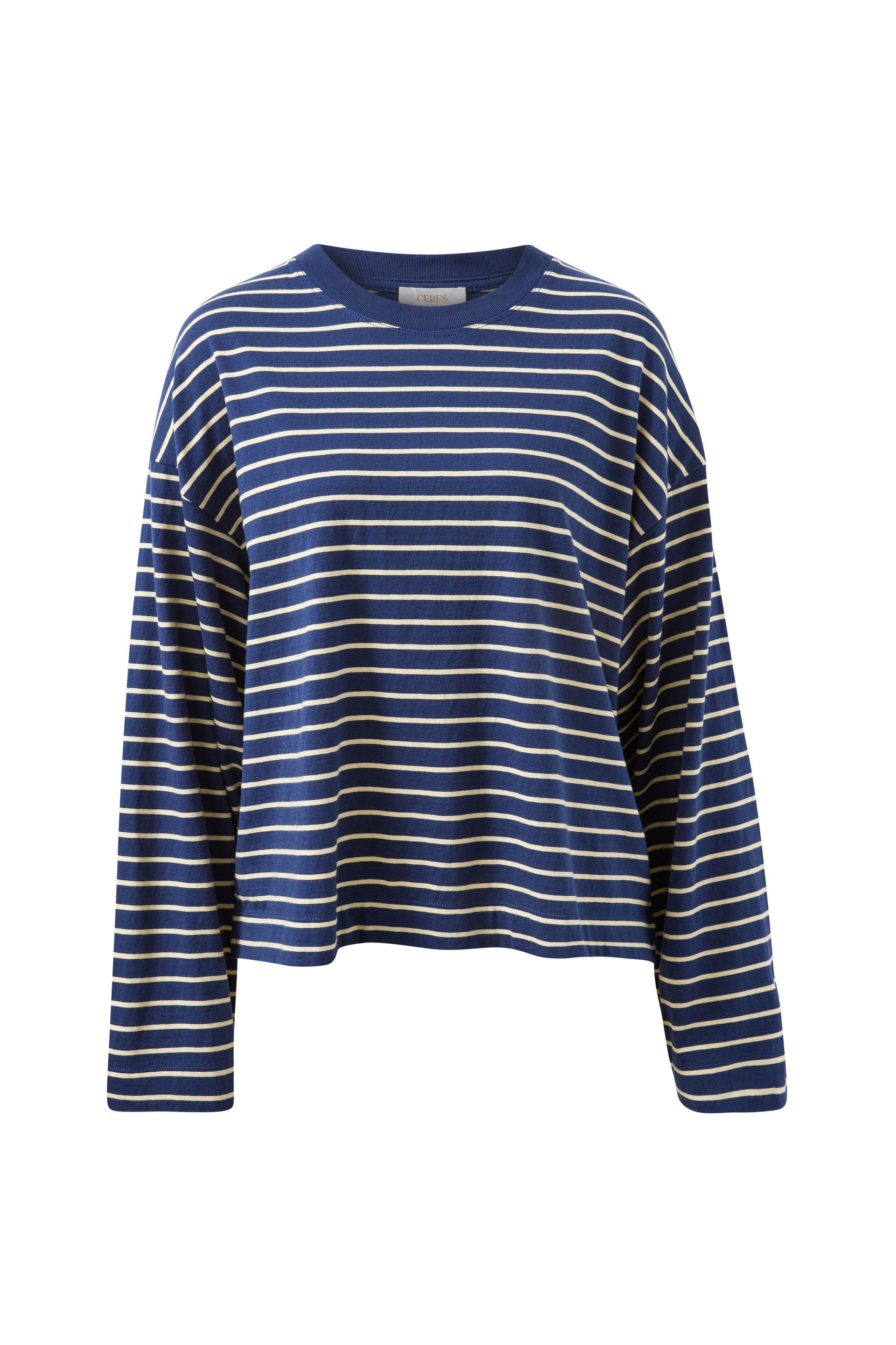 Image of Ceres Life Blue and white striped sweater on a white background