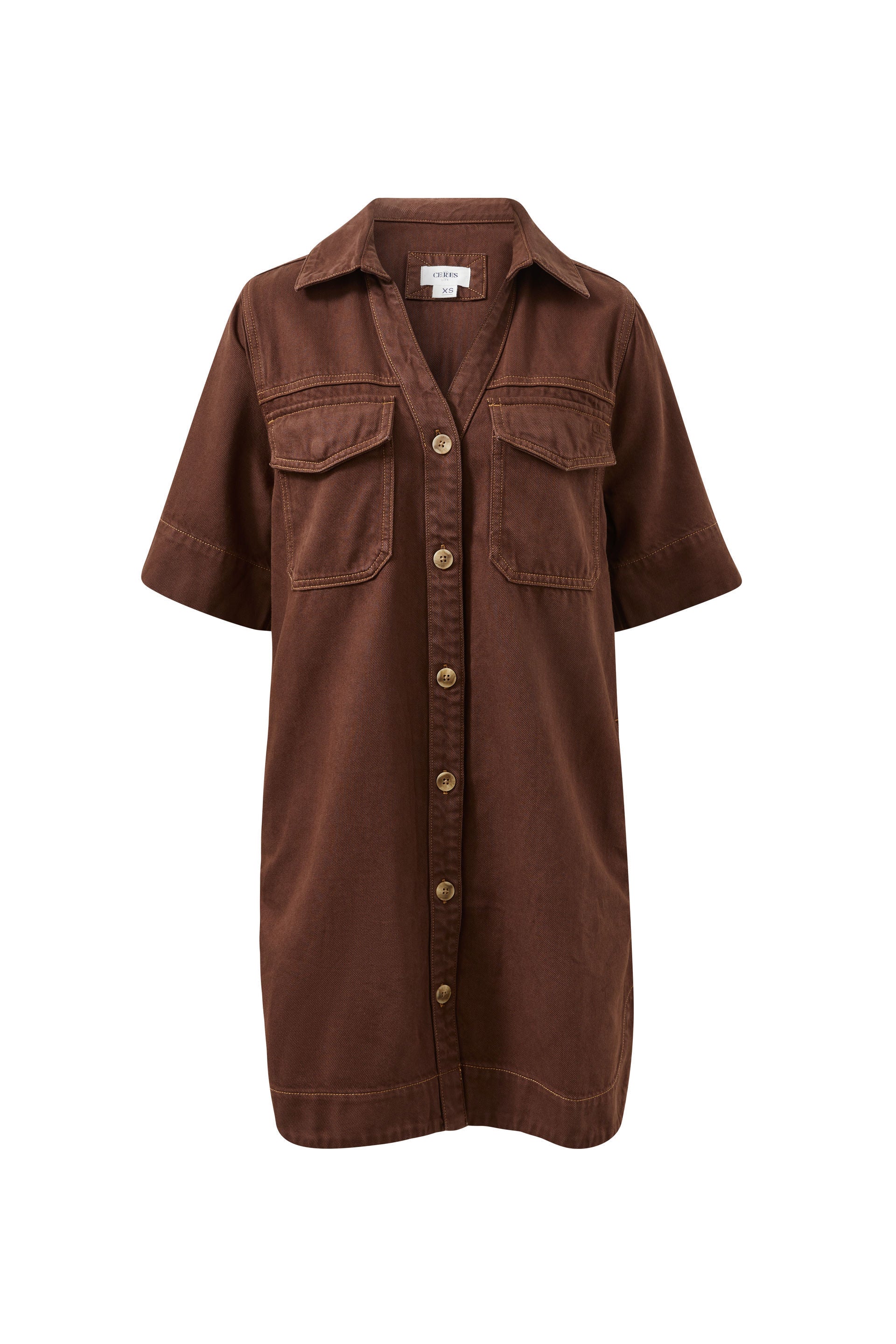 Image of Ceres Life Brown shirt dress with button details on a white background