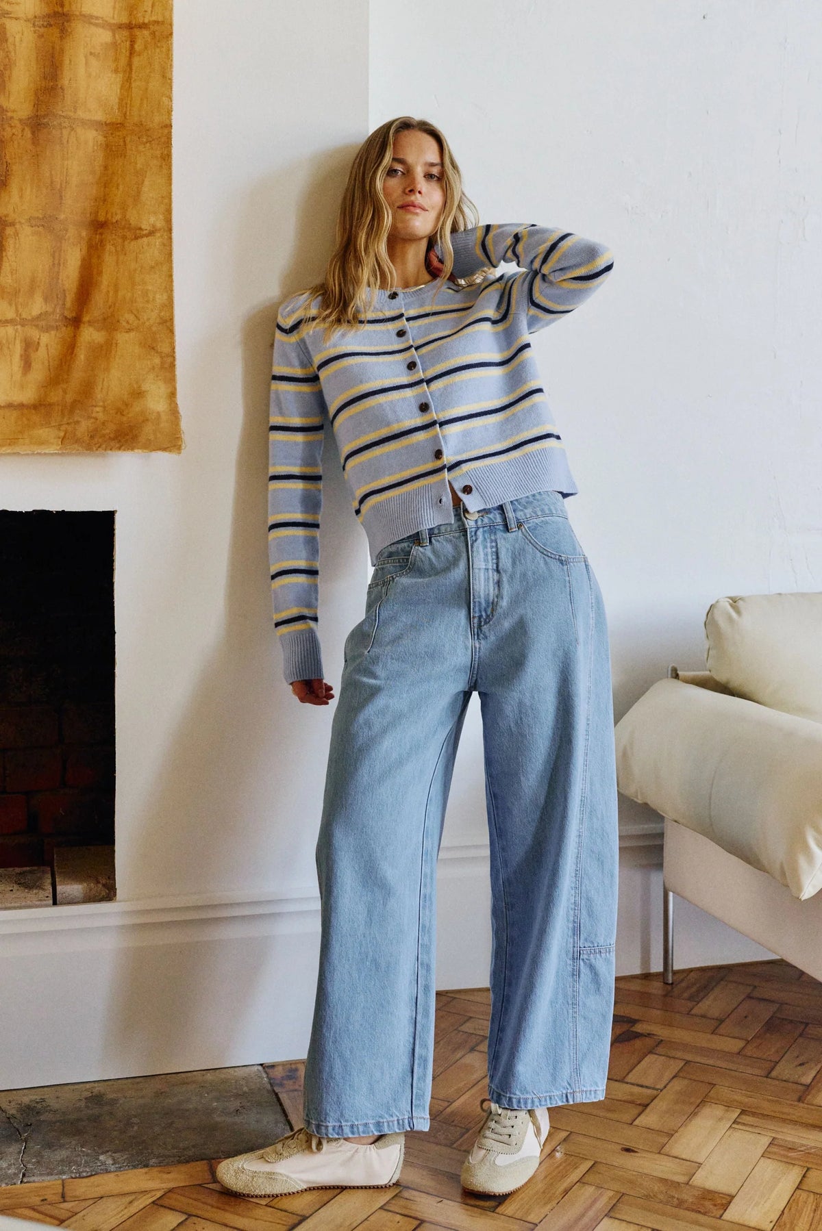 Ceres Life Demi Barrel Jeans in Vintage Blue, featuring a high-waisted silhouette, relaxed curved barrel legs, classic button and zip fastening, front pockets and a cropped ankle-length finish.