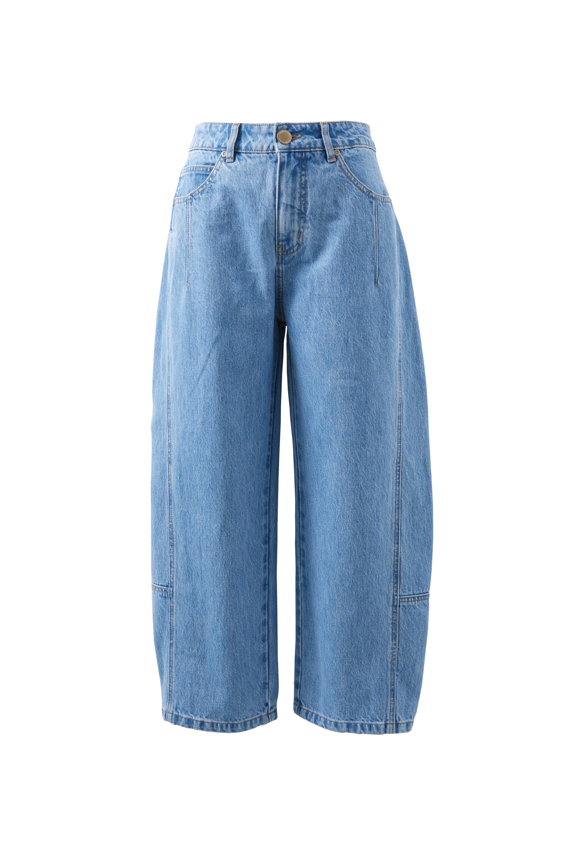 Image of Ceres Life Demi Barrel Jeans in Vintage Blue, featuring a high-waisted silhouette, relaxed curved barrel legs, classic button and zip fastening, front pockets and a cropped ankle-length finish.