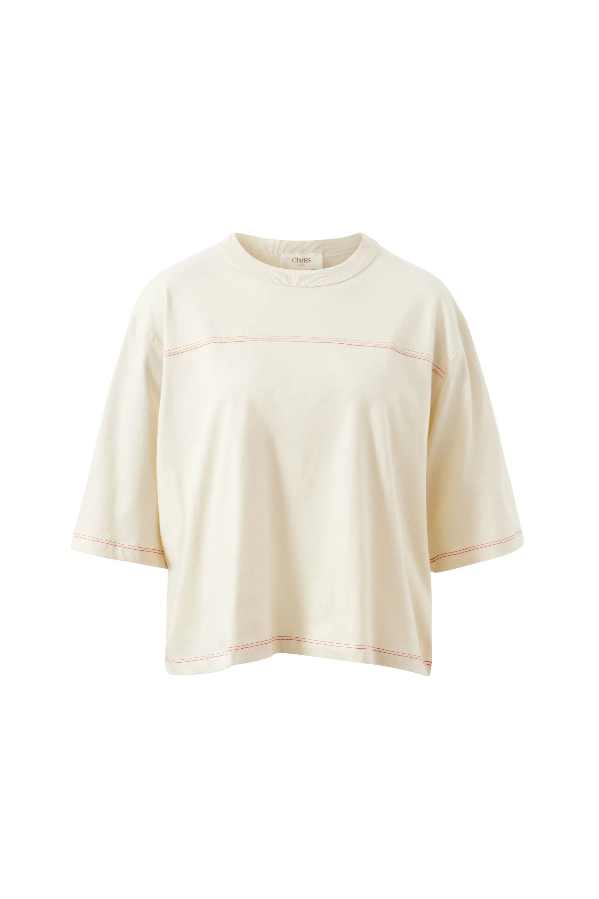 Image of A cream-colored Ceres Life short-sleeve t-shirt with thin pinkish-red contrast stitching details across the chest, hem, and cuffs, displayed on a solid white background.