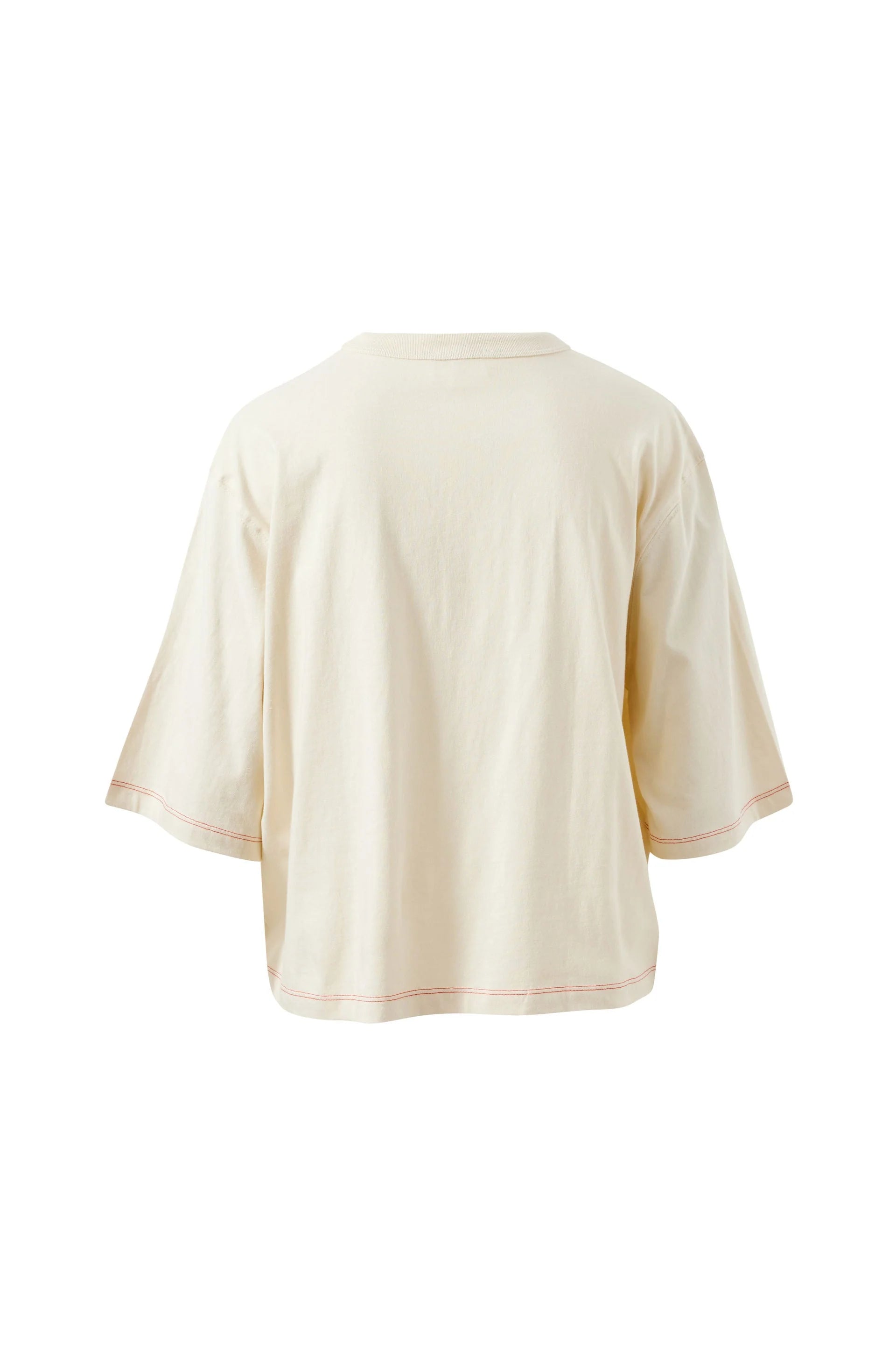 Image of A cream-colored Ceres Life short-sleeve t-shirt with thin pinkish-red contrast stitching details across the chest, hem, and cuffs, displayed on a solid white background.
