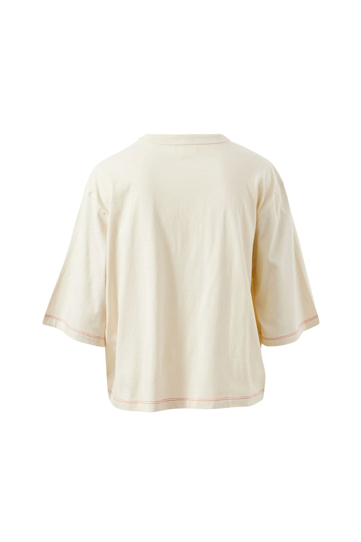 A cream-colored Ceres Life short-sleeve t-shirt with thin pinkish-red contrast stitching details across the chest, hem, and cuffs, displayed on a solid white background.