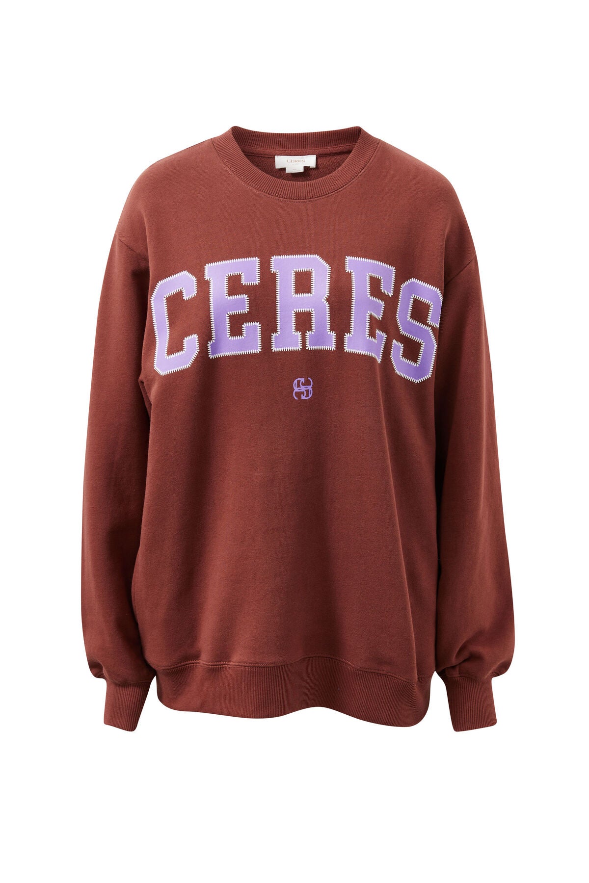 Image of Brown sweatshirt with 'CERES' printed in purple on a white background