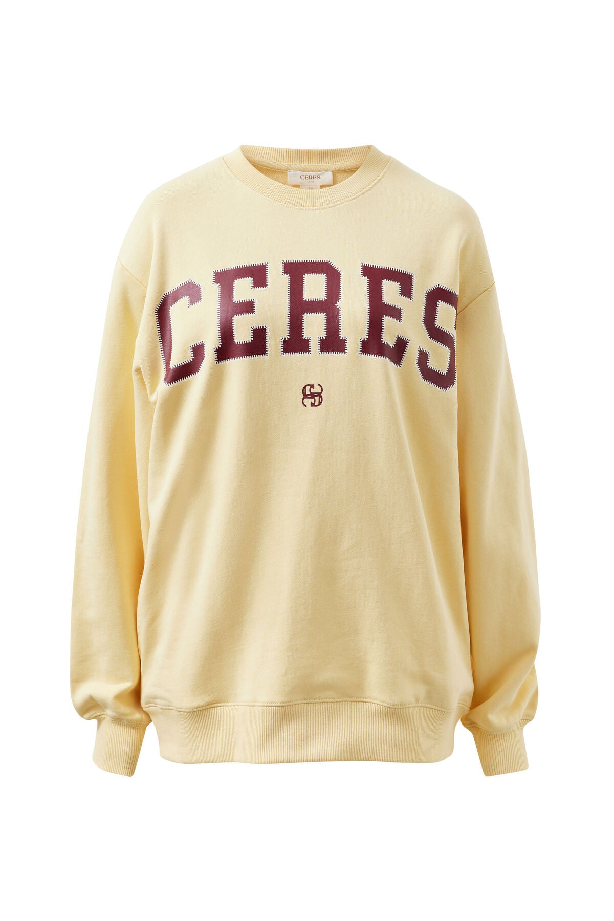 Beige sweatshirt with 'CERES' printed in maroon on a white background