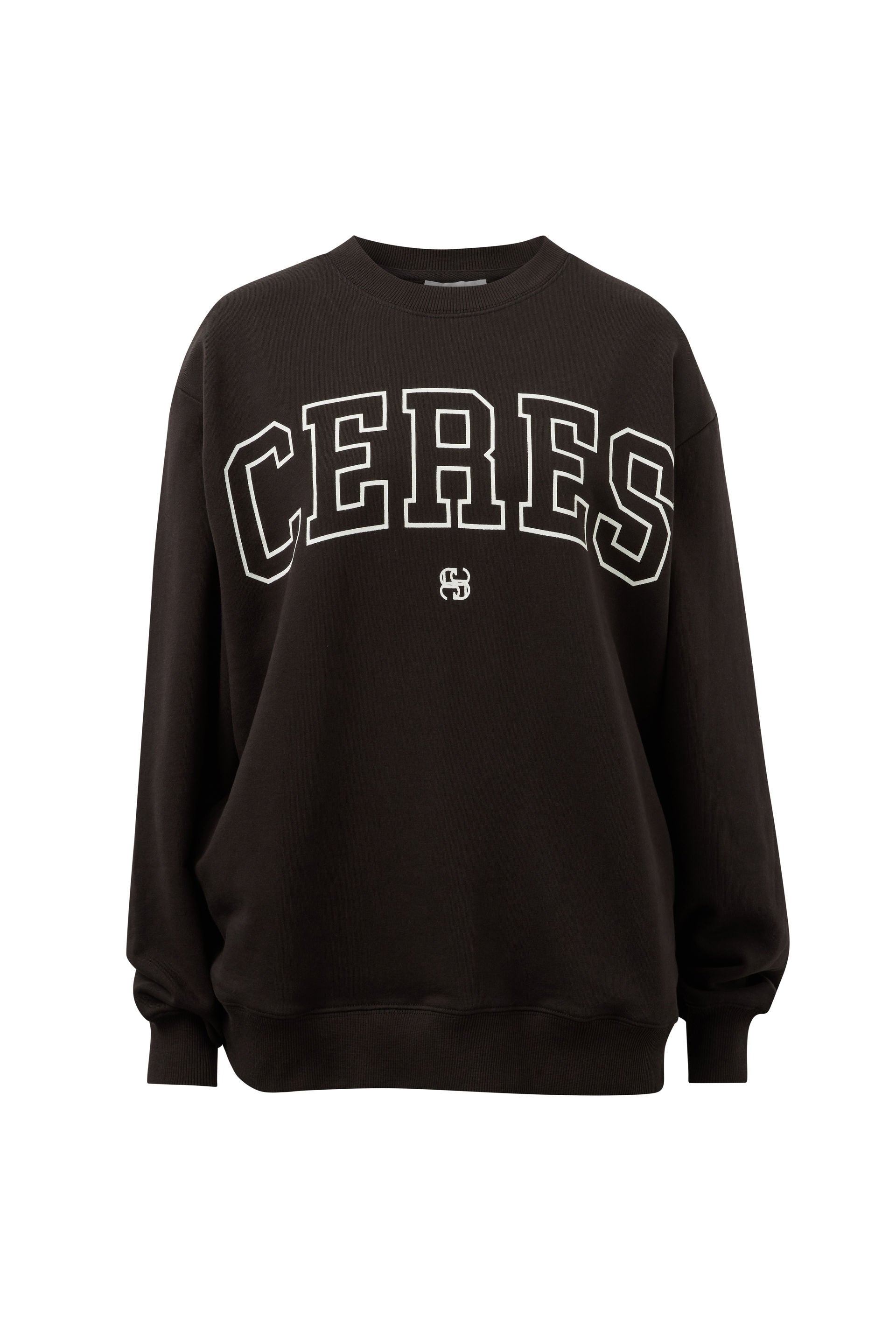 Image of A black crewneck sweatshirt featuring the word 'CERES' in large white outlined block letters across the chest, with a small matching logo underneath, displayed on a clean white background.