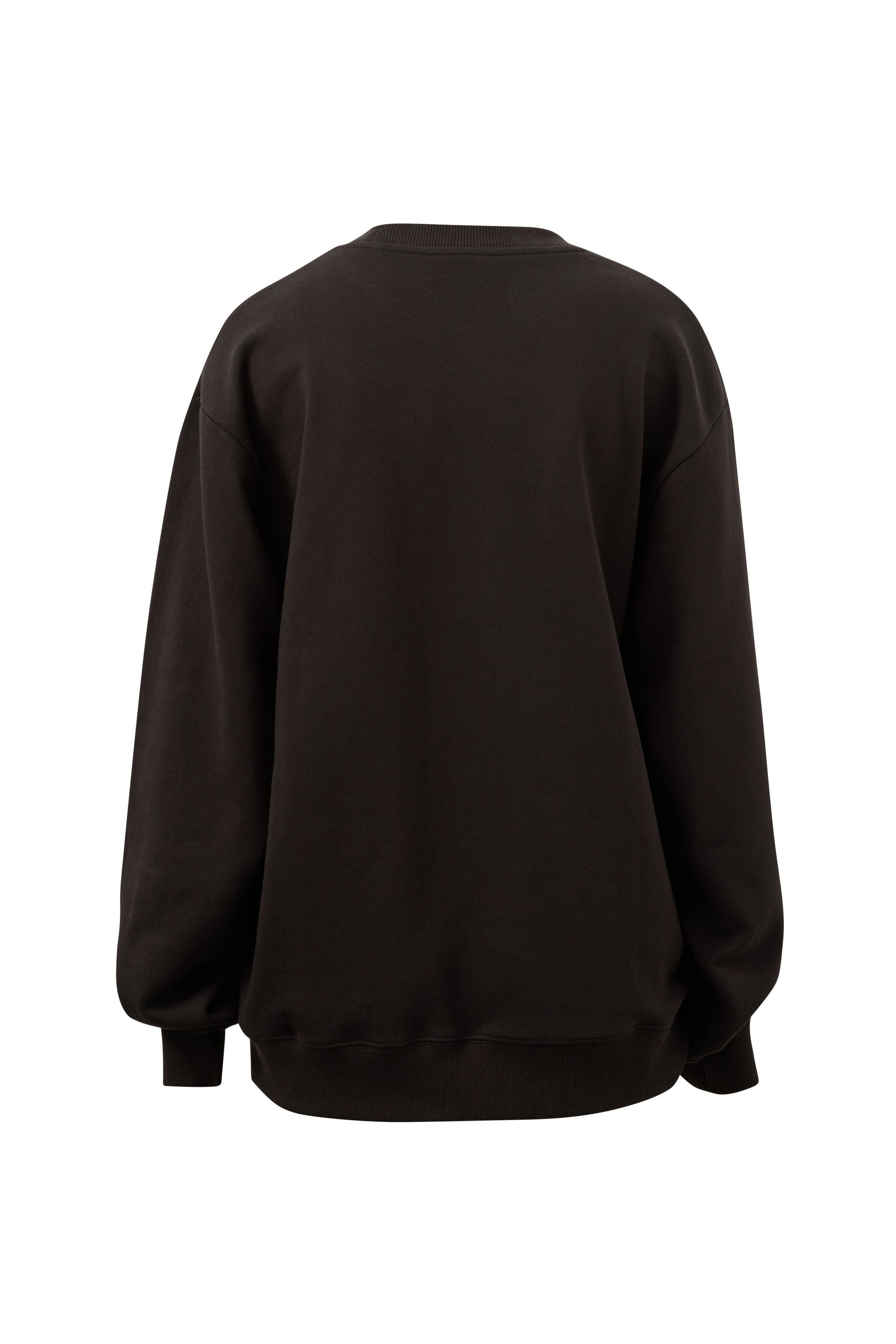 Image of A Ceres dark brown crewneck sweatshirt shown from the back, displayed on a clean white background.