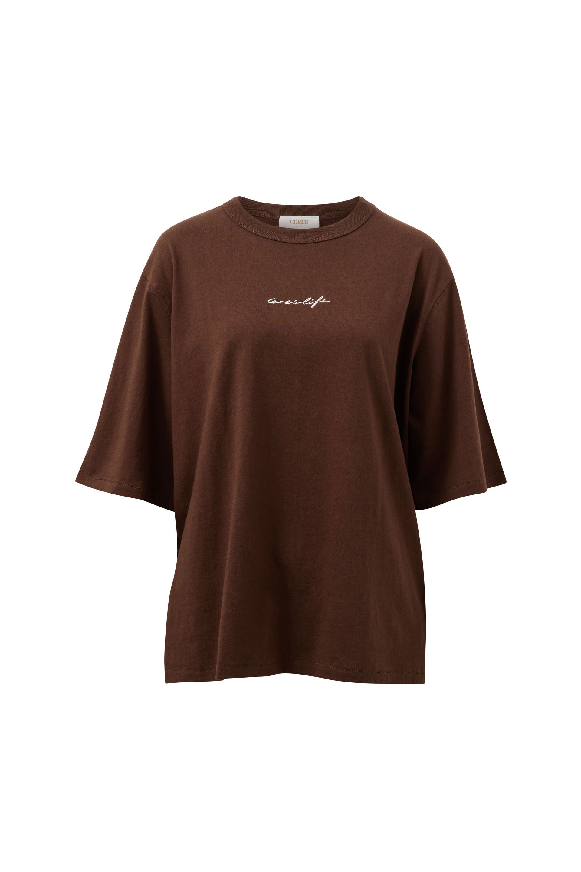 Image of A Ceres Life brown short-sleeve t-shirt with a small white script logo on the chest, displayed against a solid white background.