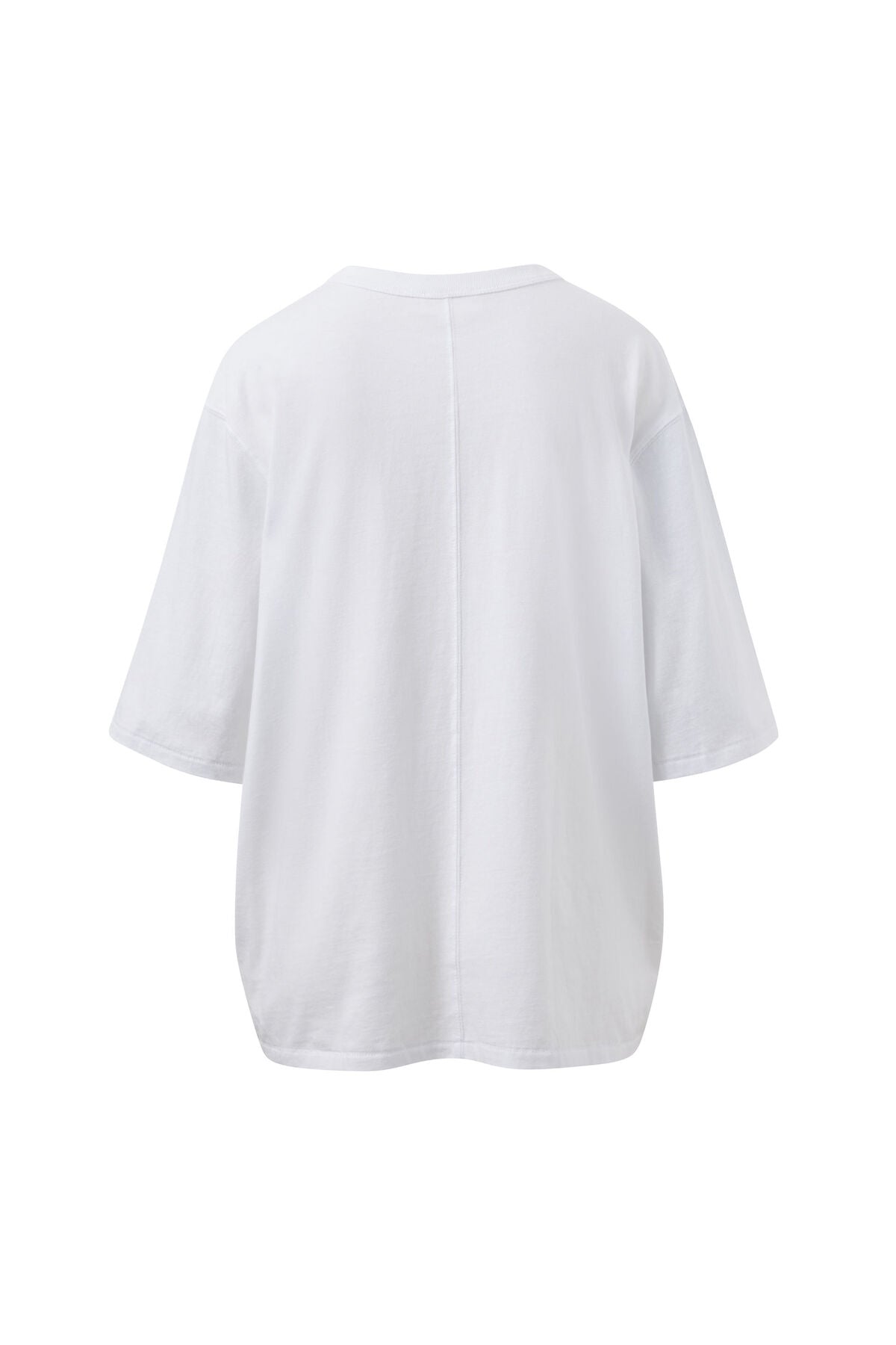 Image of Ceres Life white short-sleeve t-shirt shown from the back, featuring a central seam running down the back and a relaxed, oversized fit, displayed on a clean white background.