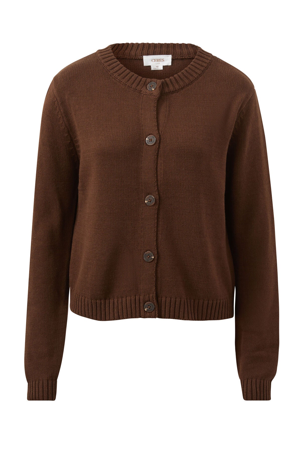 Image of Ceres Life brown cardigan with buttons on a white background