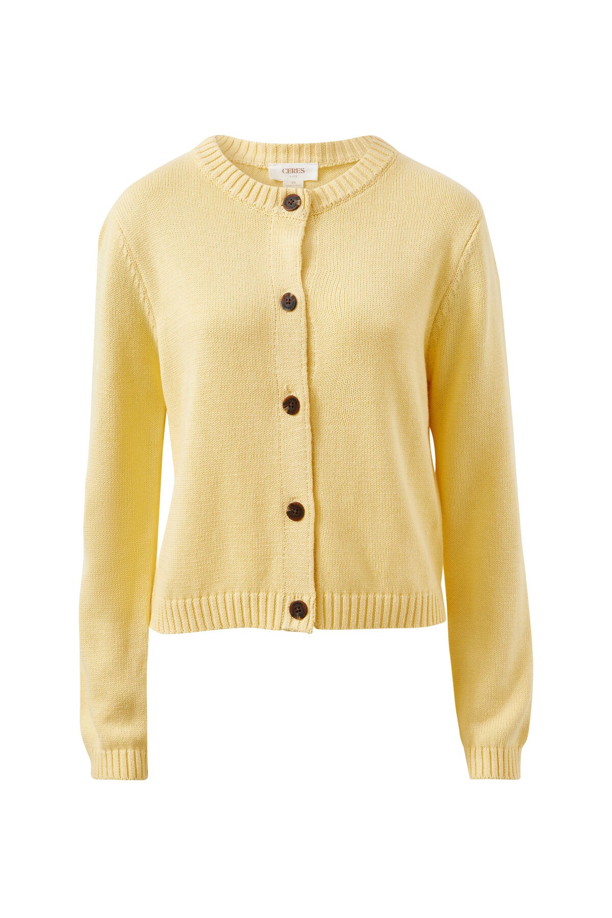 Image of Ceres Life pale yellow knit cardigan sweater with dark brown buttons, displayed on a clean white background.