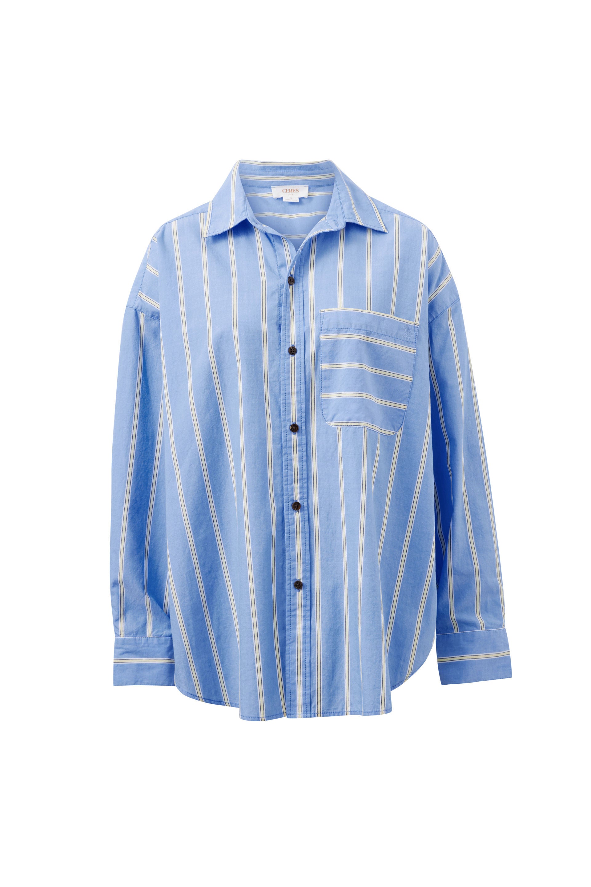 Image of Ceres Life light blue long-sleeve button-up shirt with vertical white stripes and a chest pocket, shown on a plain white background.