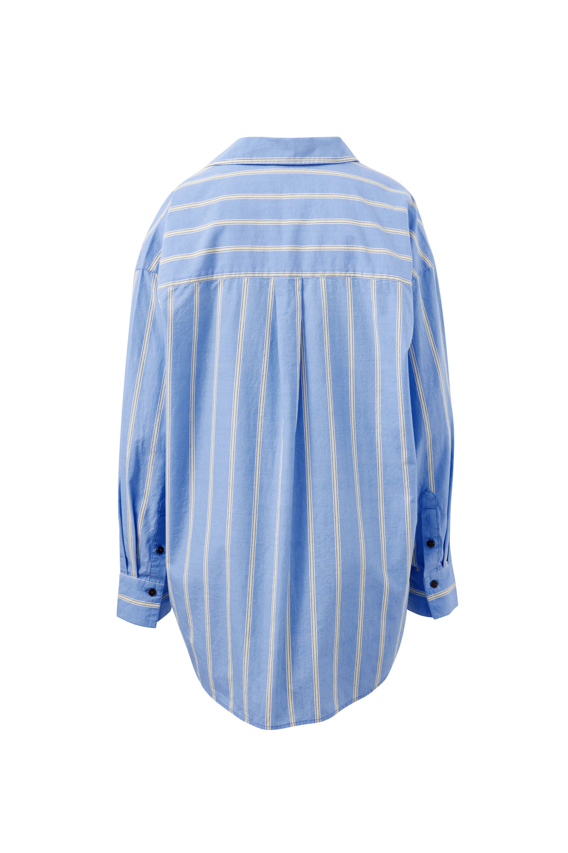 Ceres Life light blue long-sleeve button-up shirt with thin white vertical stripes, shown from the back on a plain white background.