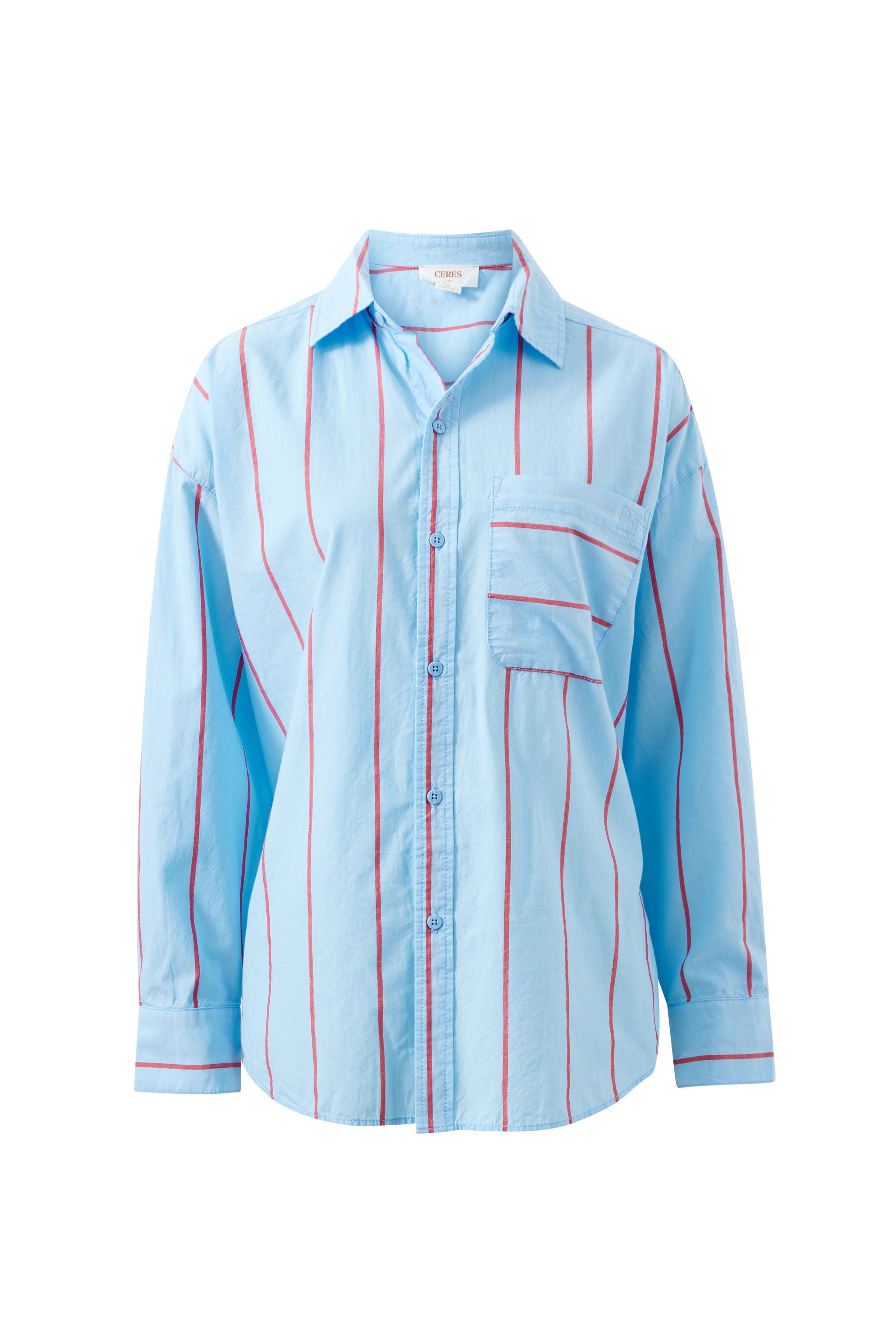 Image of Ceres Life light blue long-sleeve button-up shirt with thin red vertical stripes and a chest pocket, shown on a plain white background.