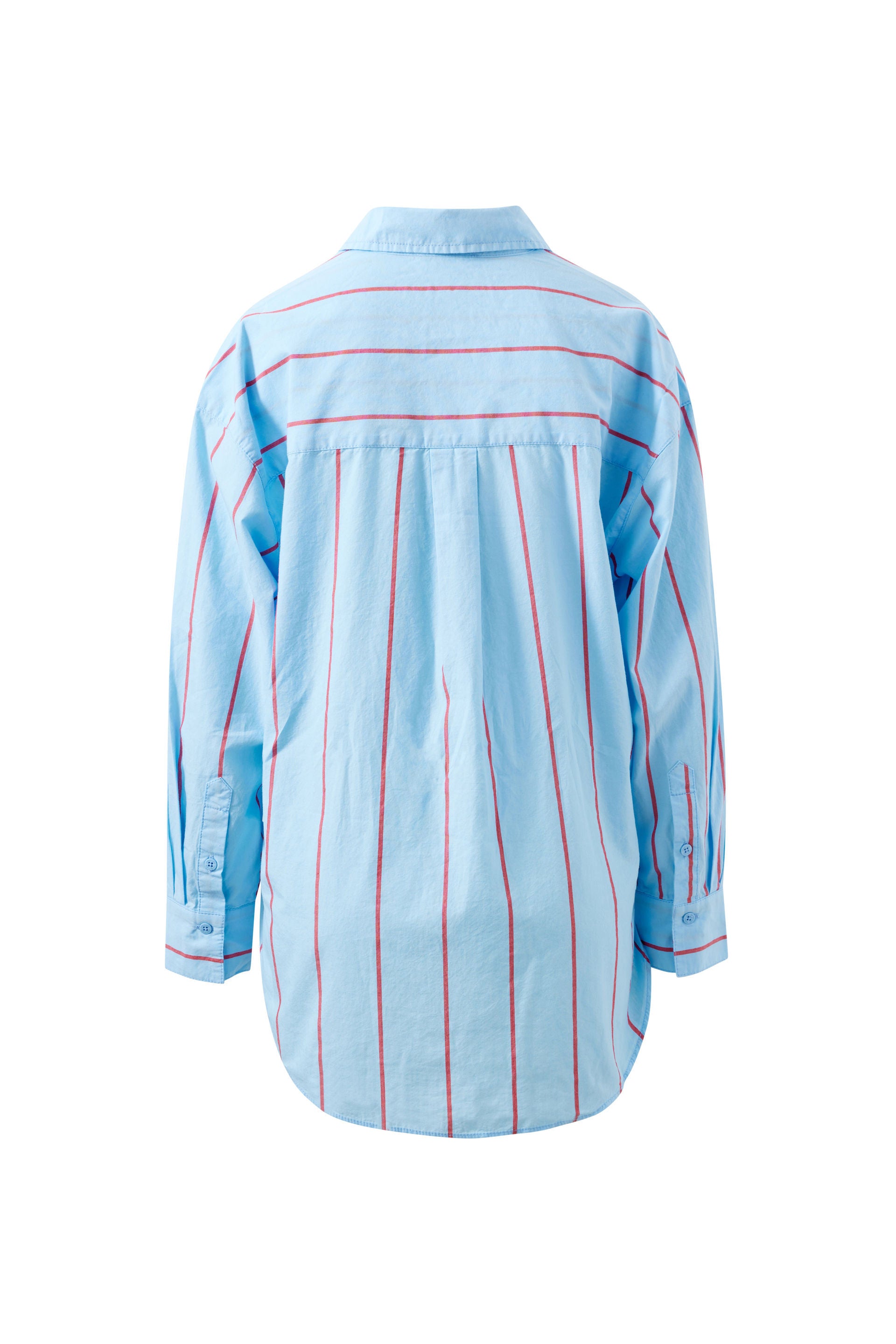 Ceres Life light blue long-sleeve button-up shirt shown from the back, featuring thin vertical red stripes and horizontal red stripe accents across the shoulders and upper back.