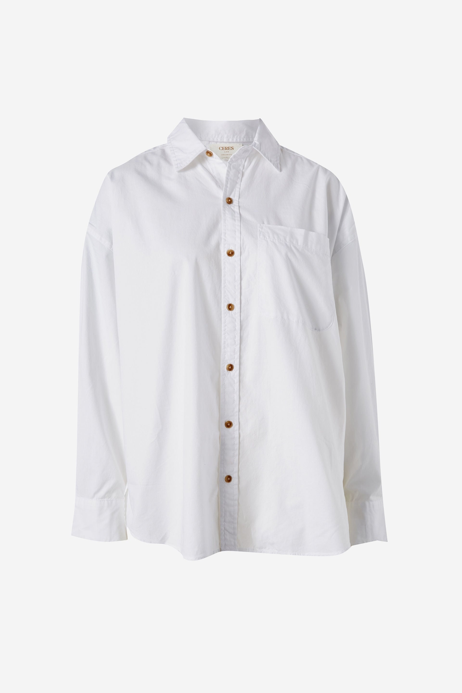 Image of Ceres Life white shirt with brown buttons on a white background