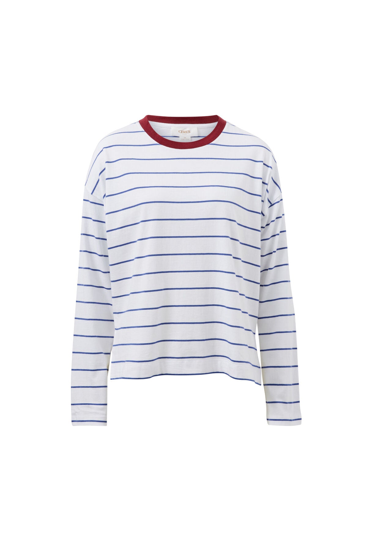 Ceres Life long-sleeve crewneck top with thin horizontal blue stripes on a white base, featuring a contrasting dark red ribbed collar, displayed against a plain white background.