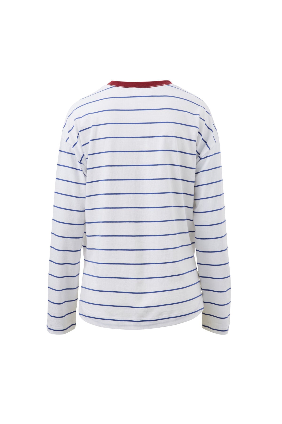 Ceres Life white long-sleeve crewneck shirt with thin blue horizontal stripes and a contrasting red inner collar, shown from the back on a white background.