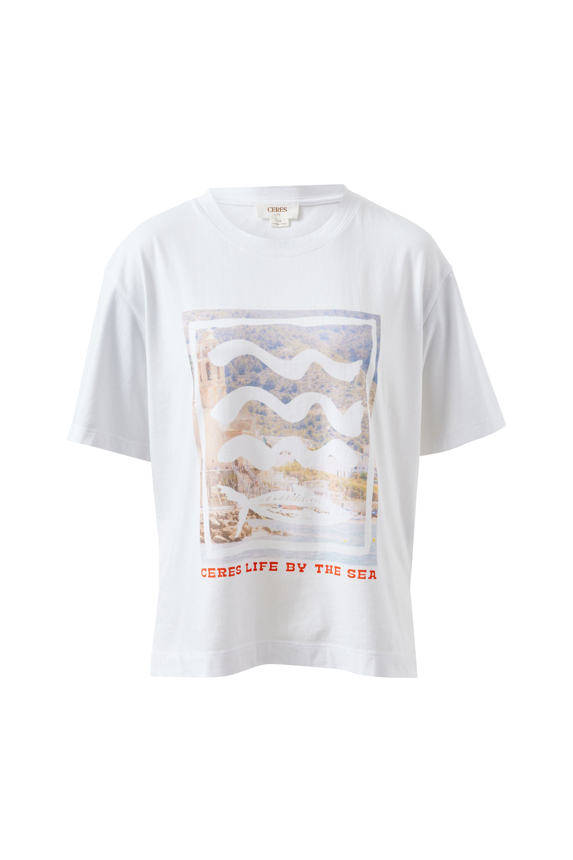 Image of Ceres Life white t-shirt with a graphic design and text on a white background
