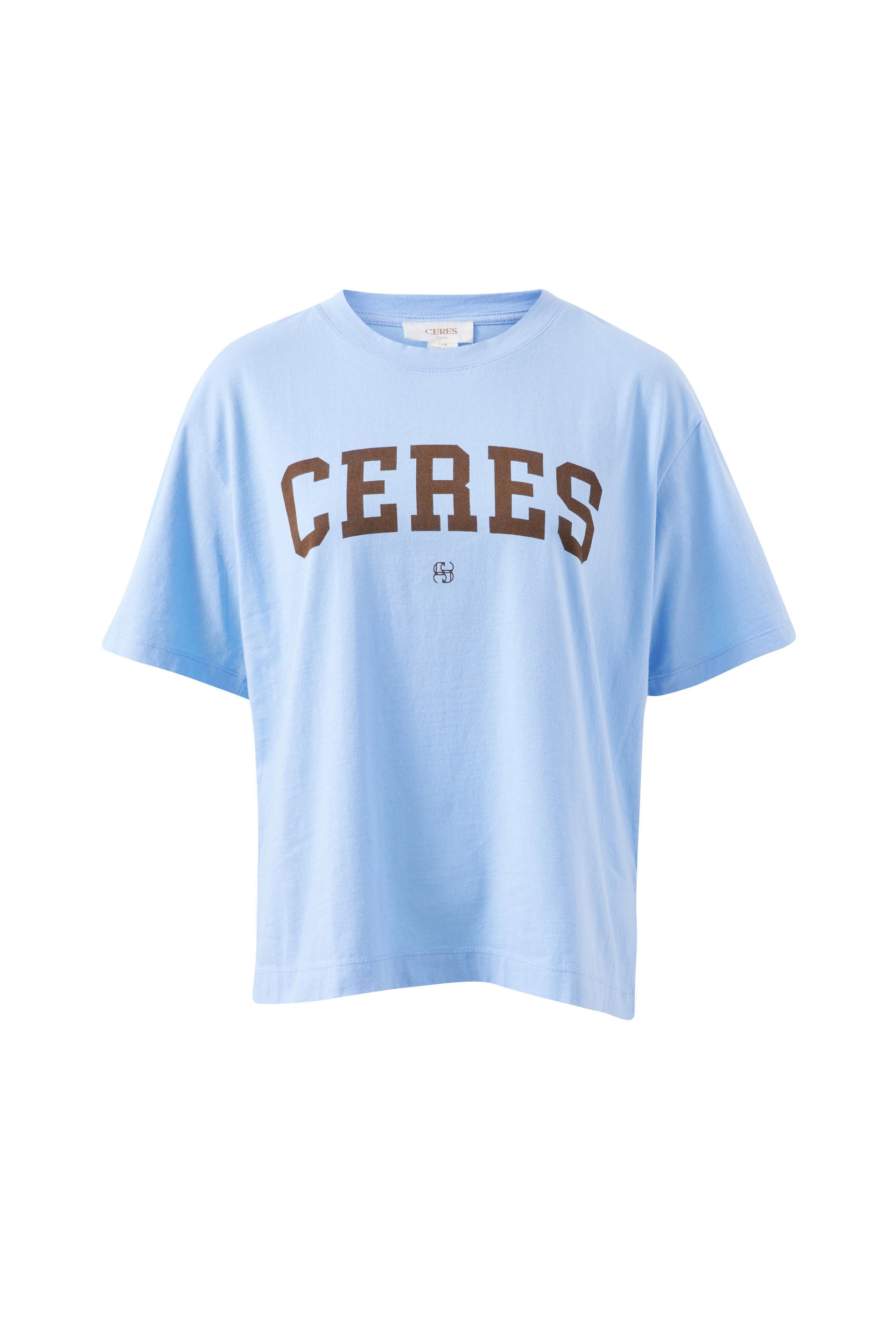 Image of Light blue t-shirt with 'CERES' text on a white background