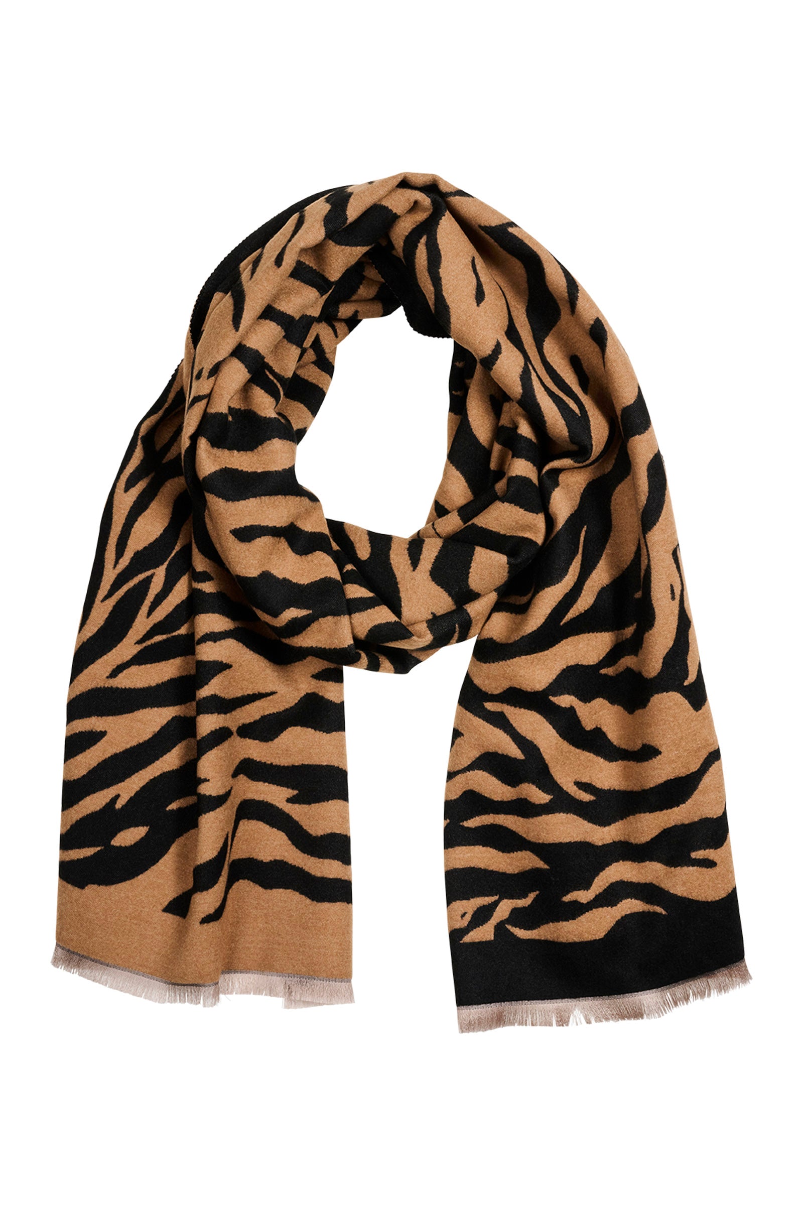Image of Eb & Ive Beige and black tiger stripe patterned scarf on a white background