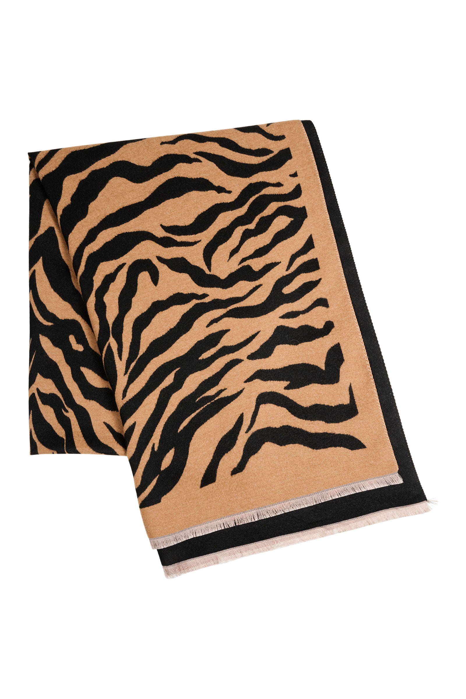 Eb & Ive Beige scarf with black tiger stripe pattern on a white background