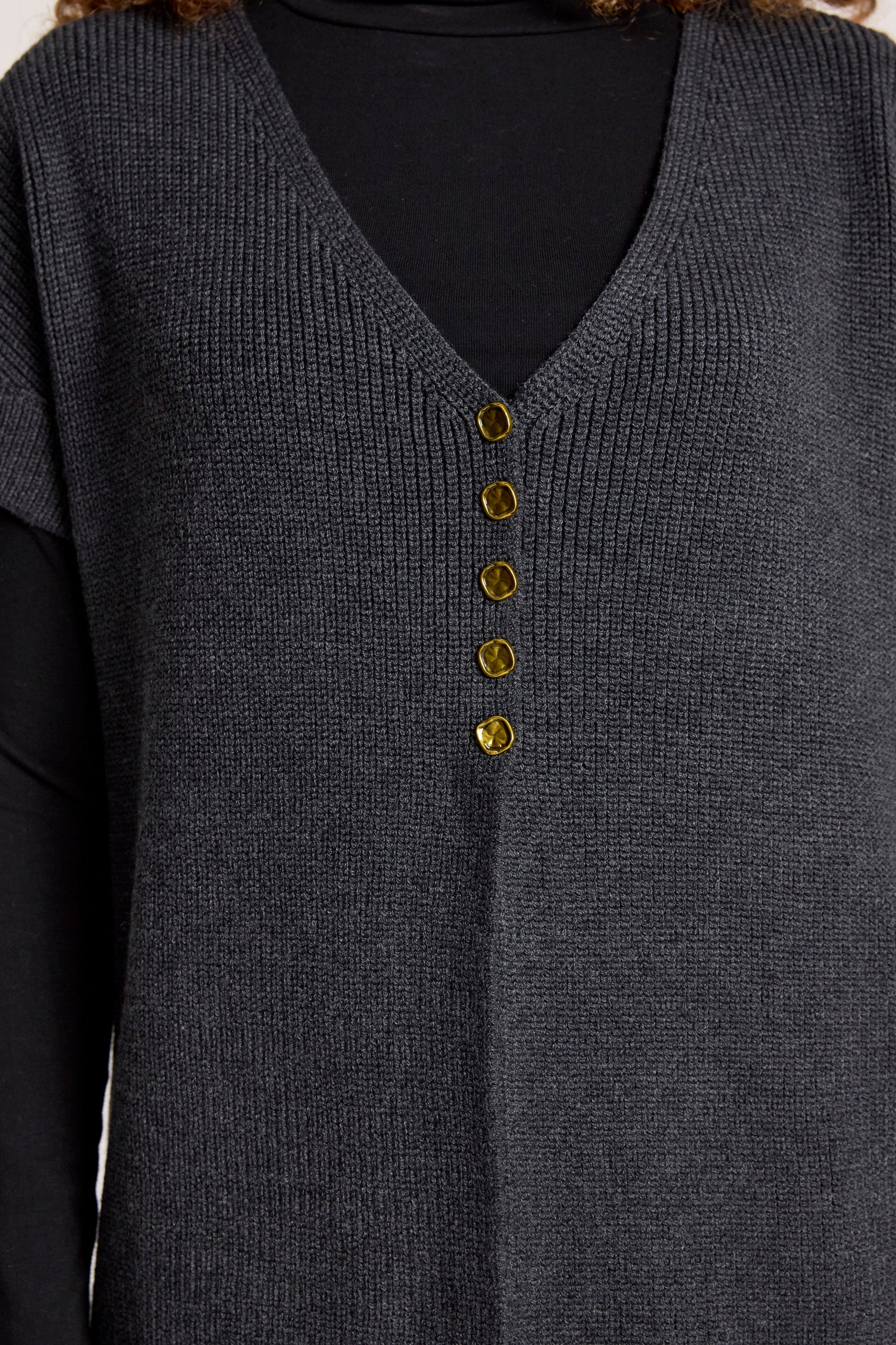 Image of Women wearing Eb & Ive Dark grey textured shirt with gold buttons on a plain background