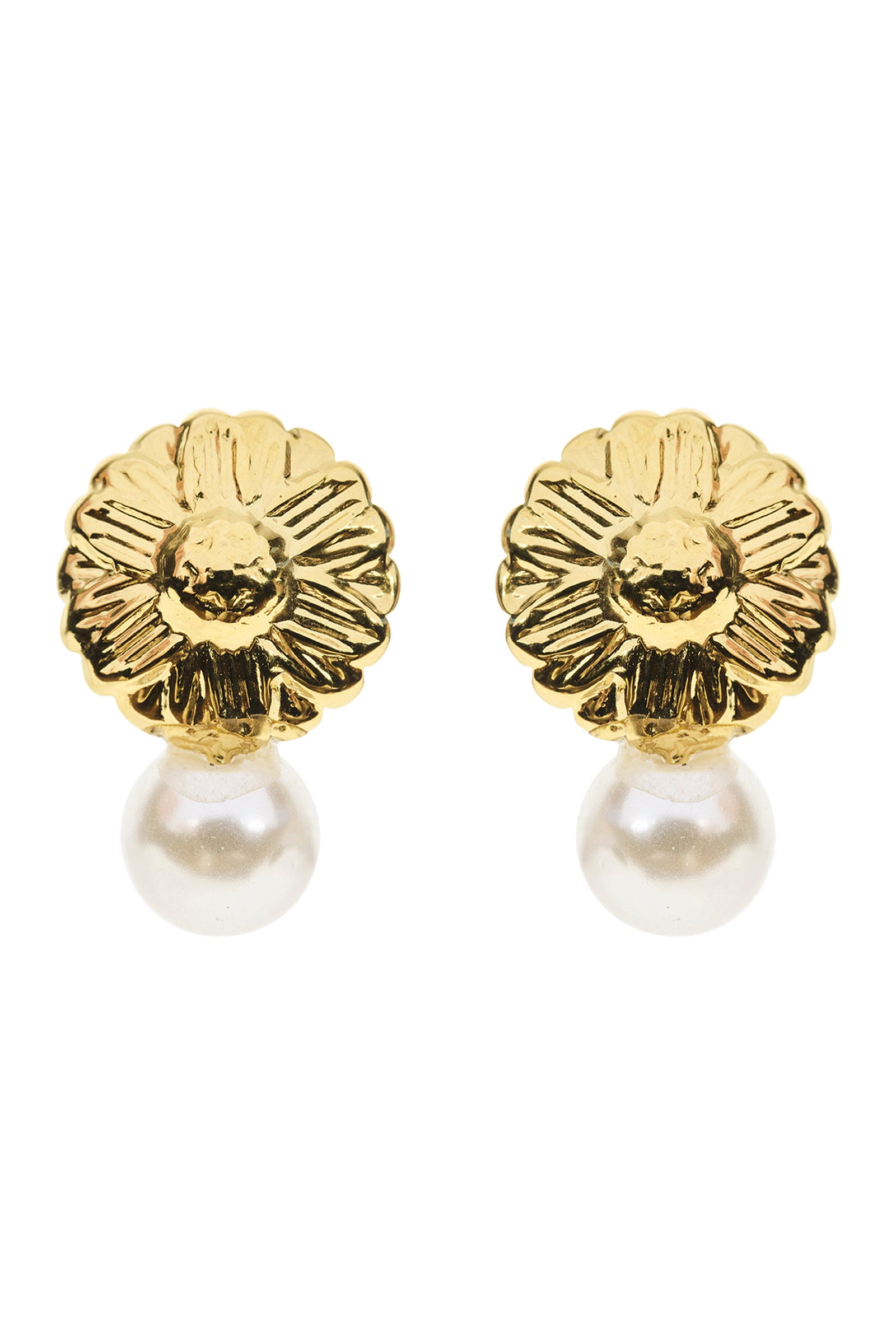 Eb & Ive pearl flower earrings pictured on a white background
