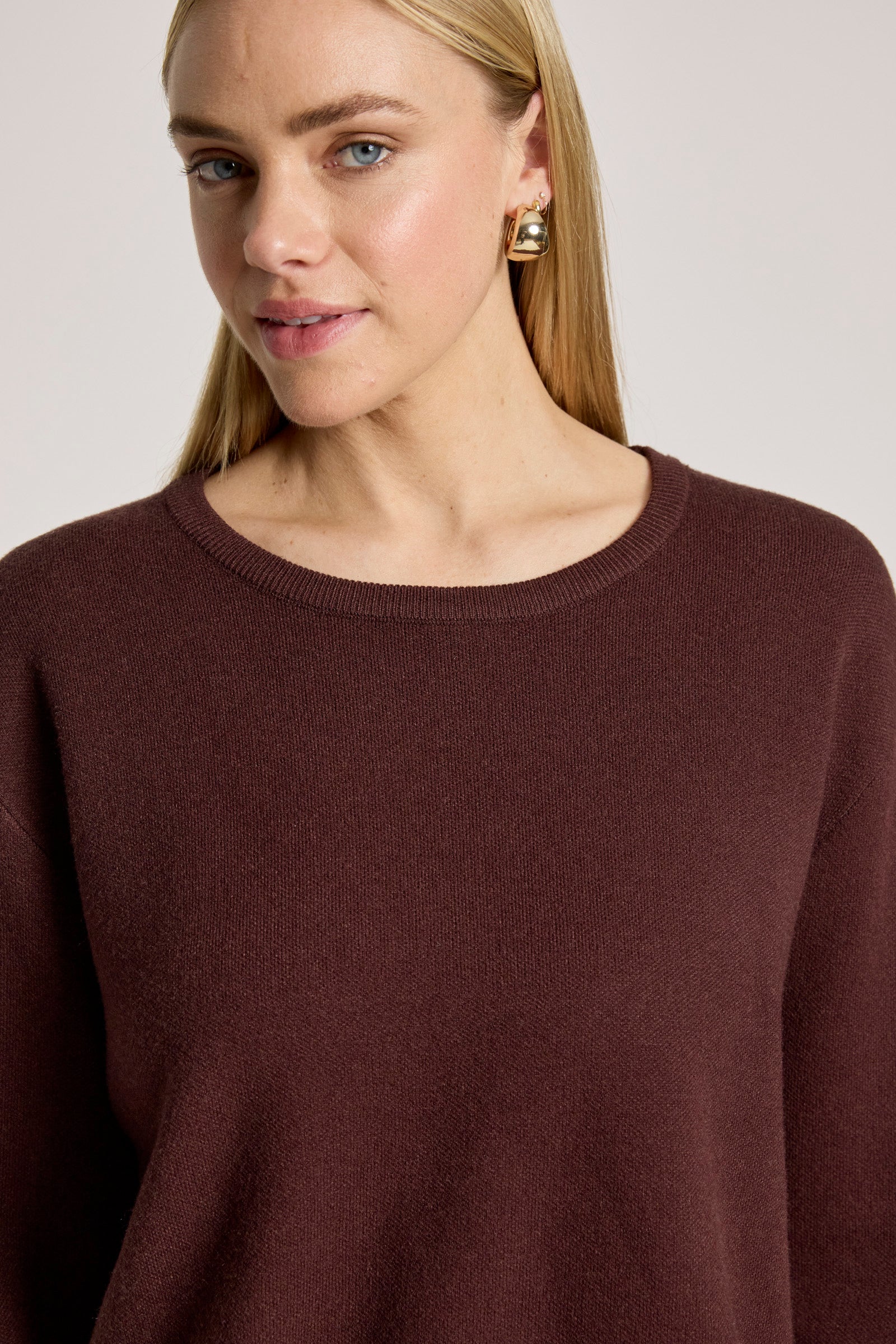 Image of Woman wearing a Eb and Ive brown sweater against a plain background