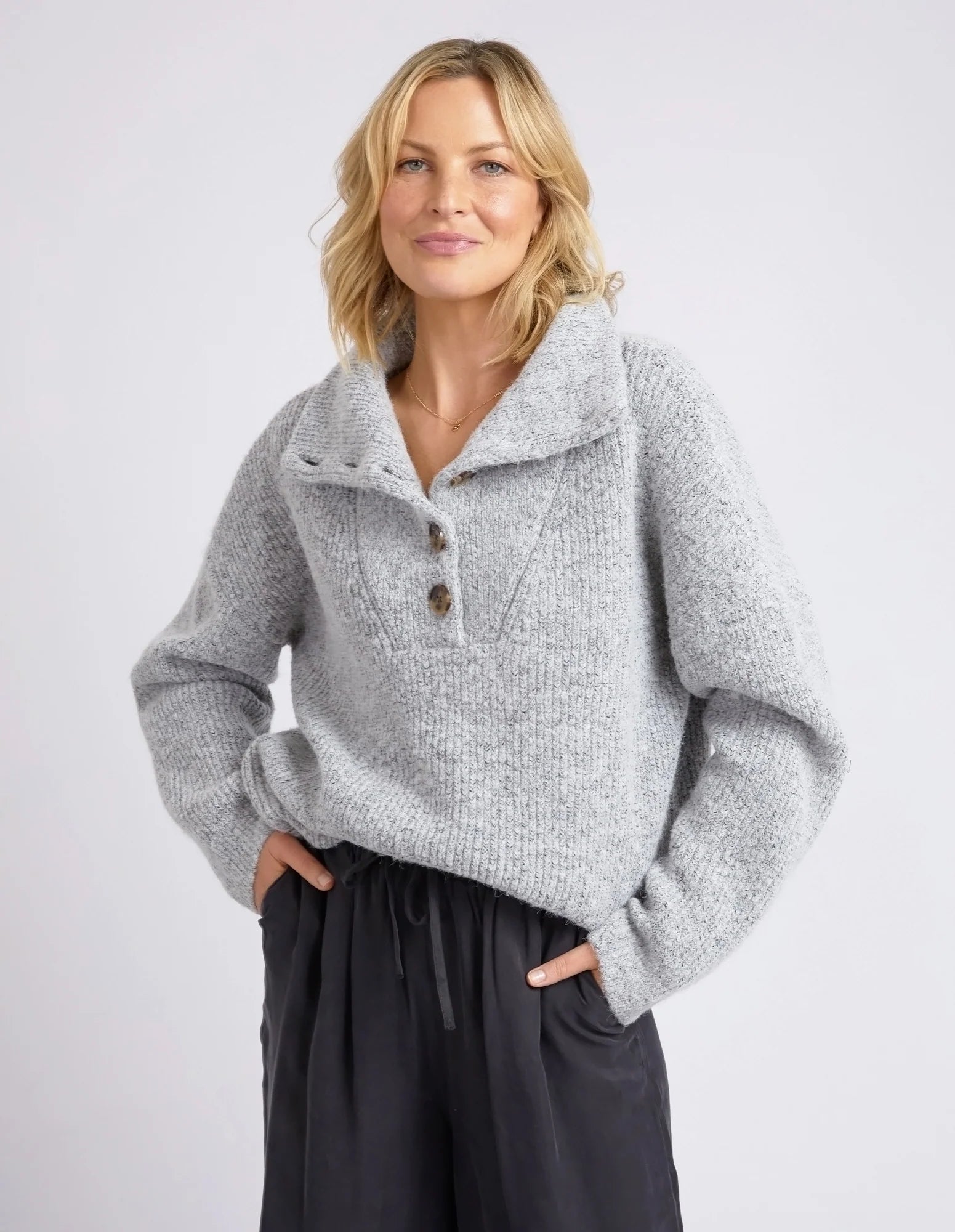 Elm Bron Button Knit - Grey Marle