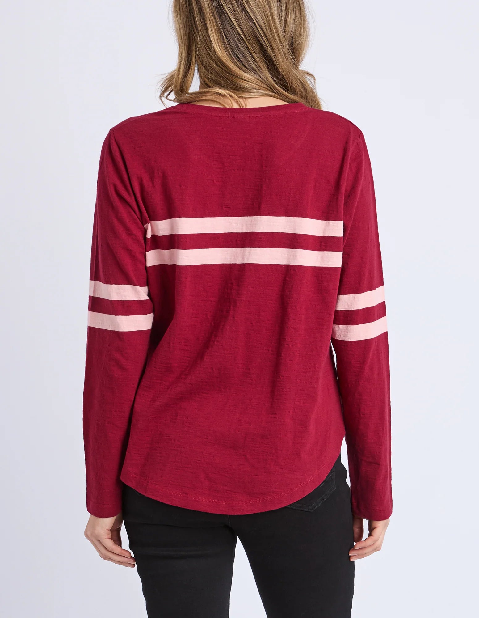 Elm Red long-sleeve shirt with white stripes on a plain background
